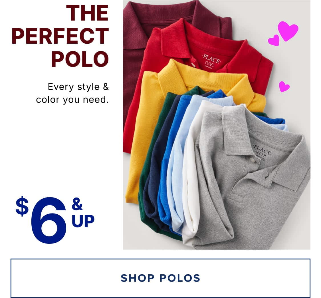 A stack of colorful polo shirts in various shades, accompanied by pink heart symbols, with the text "THE PERFECT POLO" and "$6 & UP"