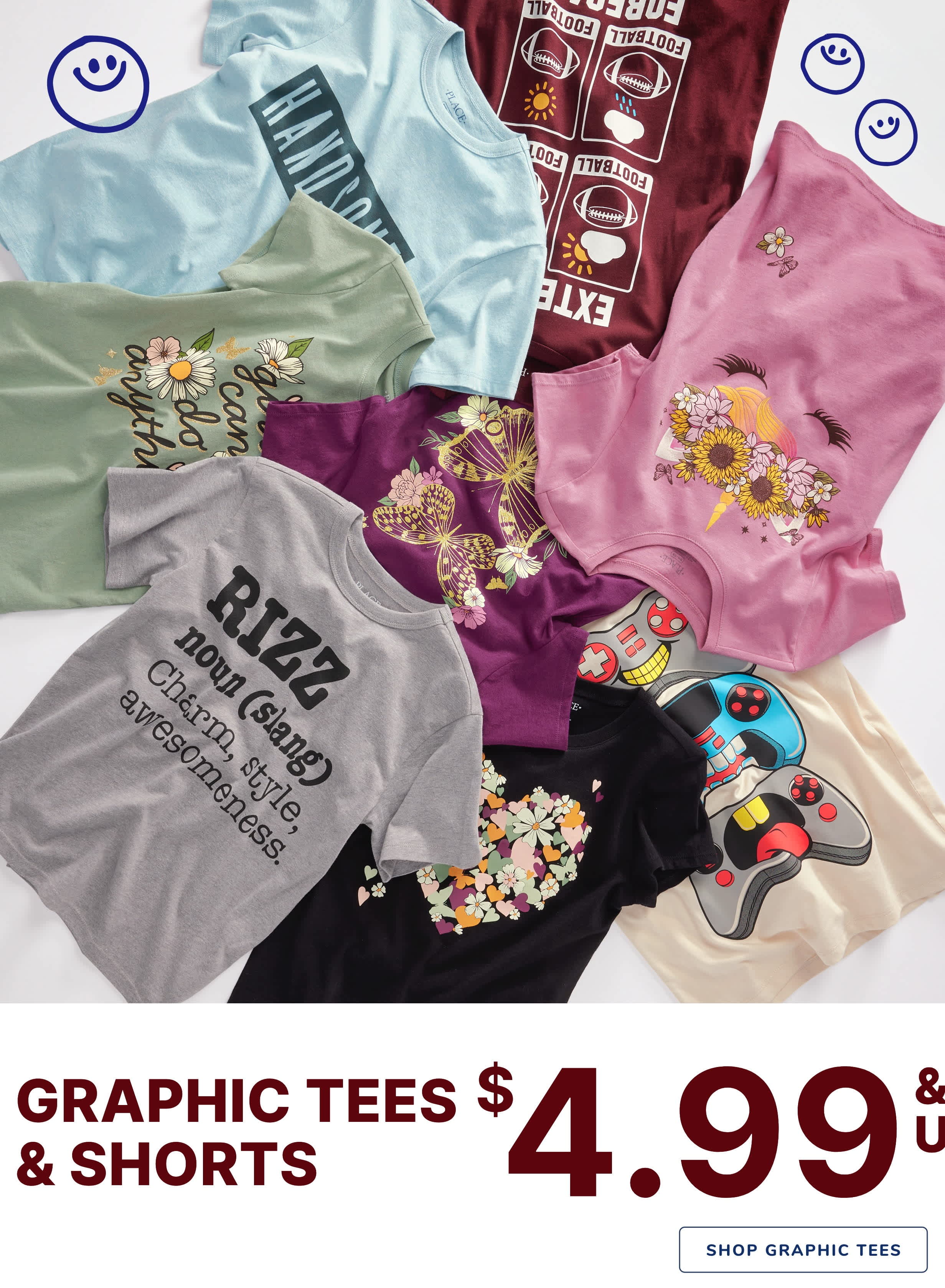 A colorful assortment of graphic t-shirts and shorts, featuring various designs and slogans, displayed on a store shelf with a price tag of $4.99 & Up.