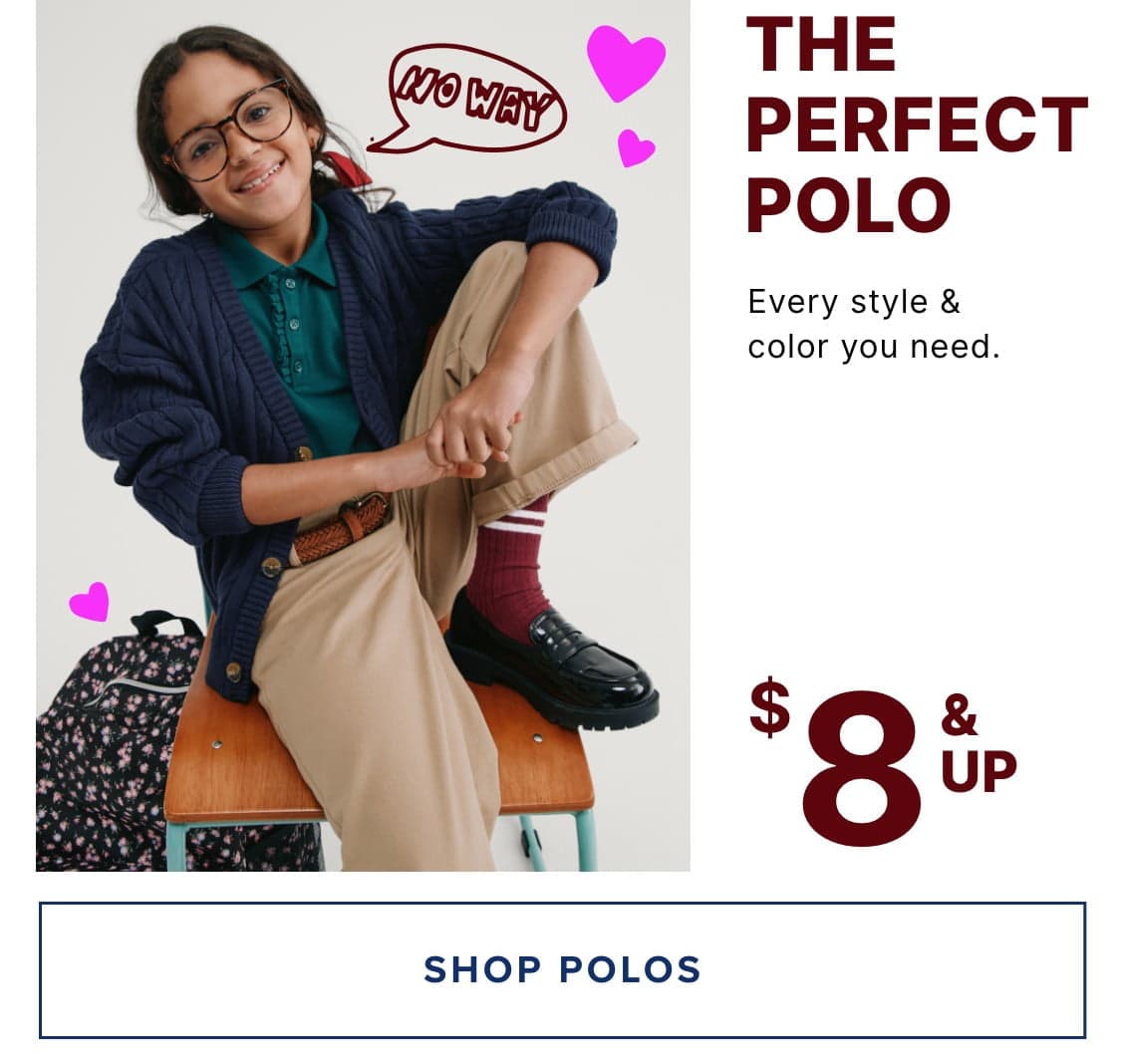 A smiling young woman wearing glasses, a navy blue jacket, and a green shirt, posing with a wooden chair in the foreground. The background features an advertisement for "The Perfect Polo" with various style and color options available for $8 and up.