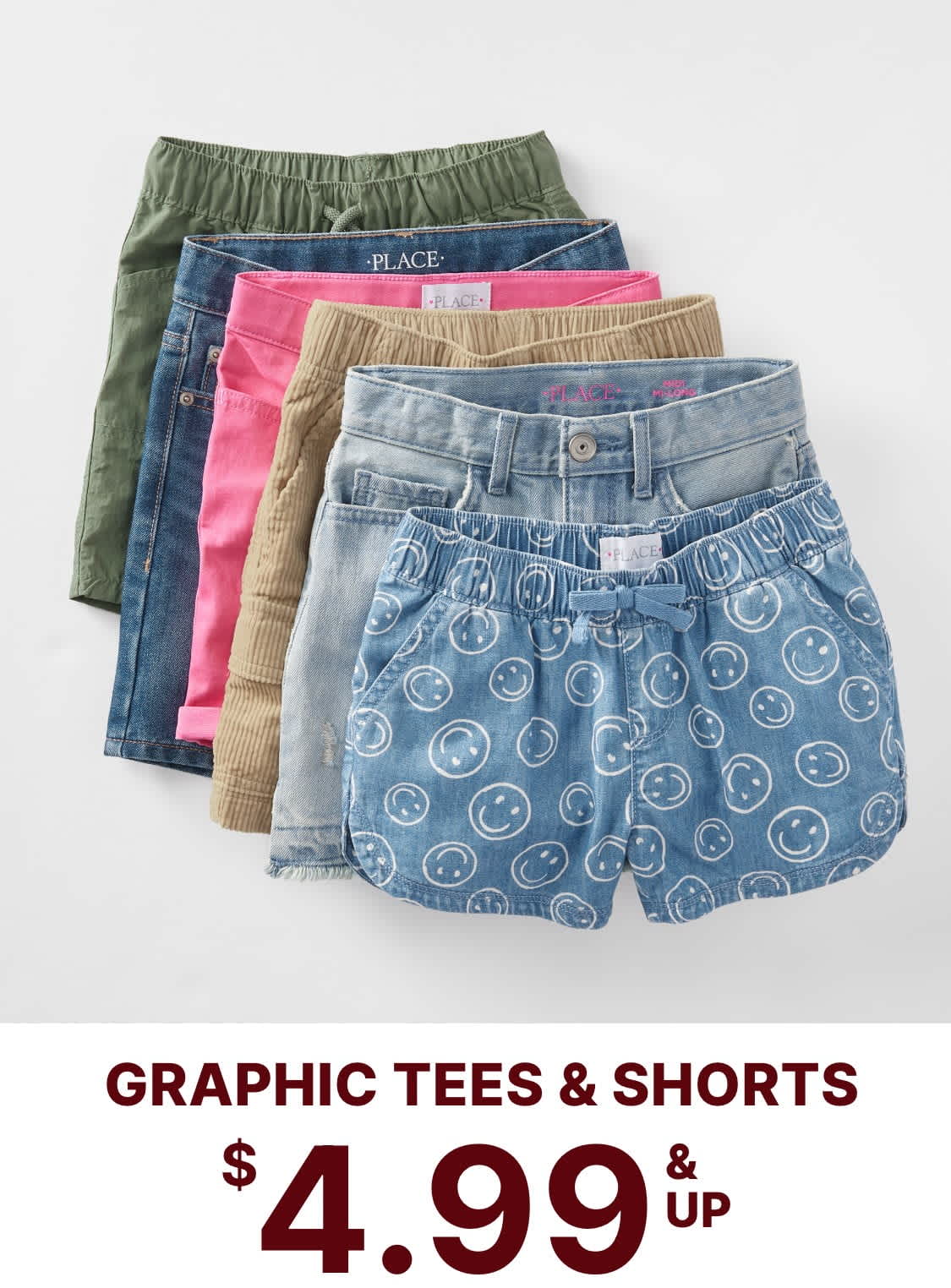 The image displays a variety of colorful and patterned shorts, including denim, khaki, and printed styles, arranged on a plain white background with a pink heart-shaped graphic overlay.