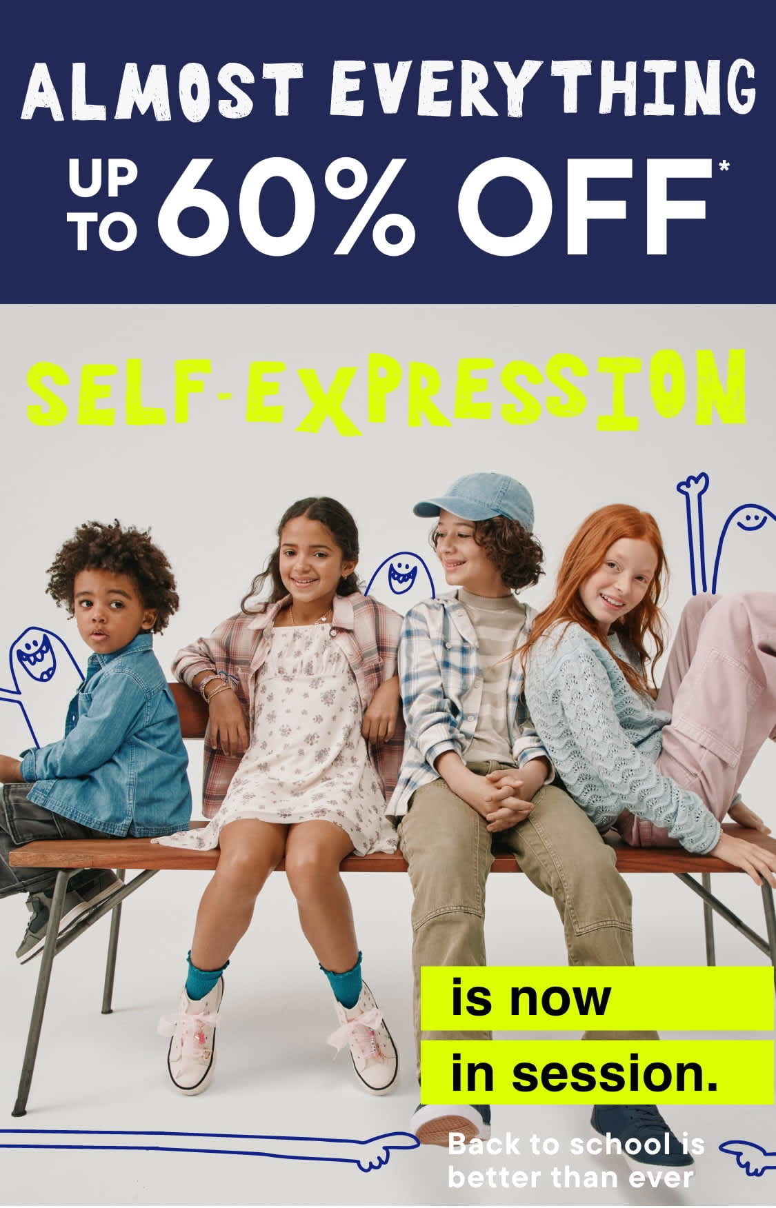 A group of young people, likely students, posing together in front of a promotional banner advertising a "Self Expression" event with discounts up to 60% off. The background is a plain blue wall with various doodle-like illustrations.