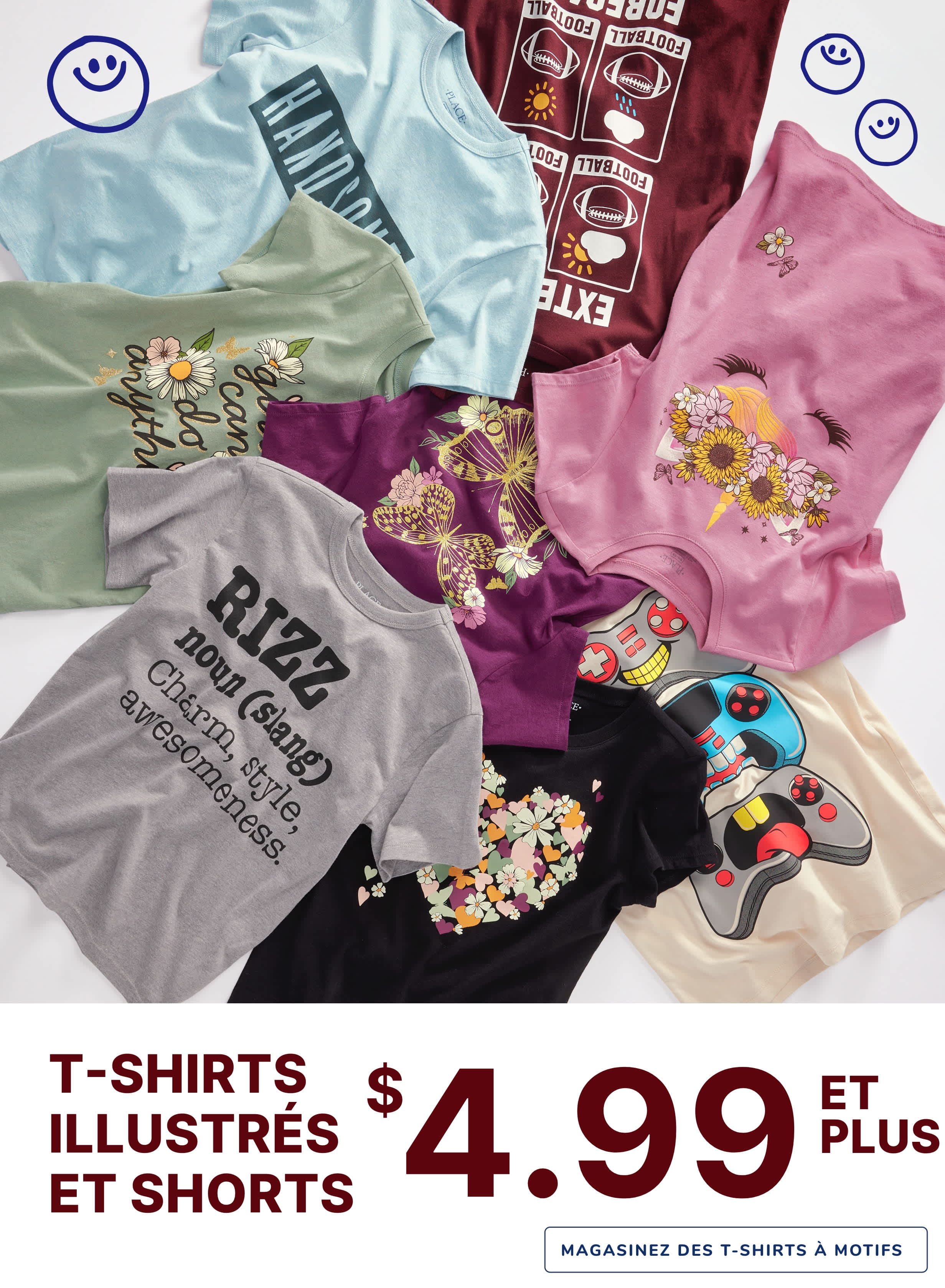 Un assortiment coloré de t-shirts et de shorts graphiques, présentant divers motifs et slogans, affichés sur une étagère de magasin avec une étiquette de prix de 4,99 $ et plus.