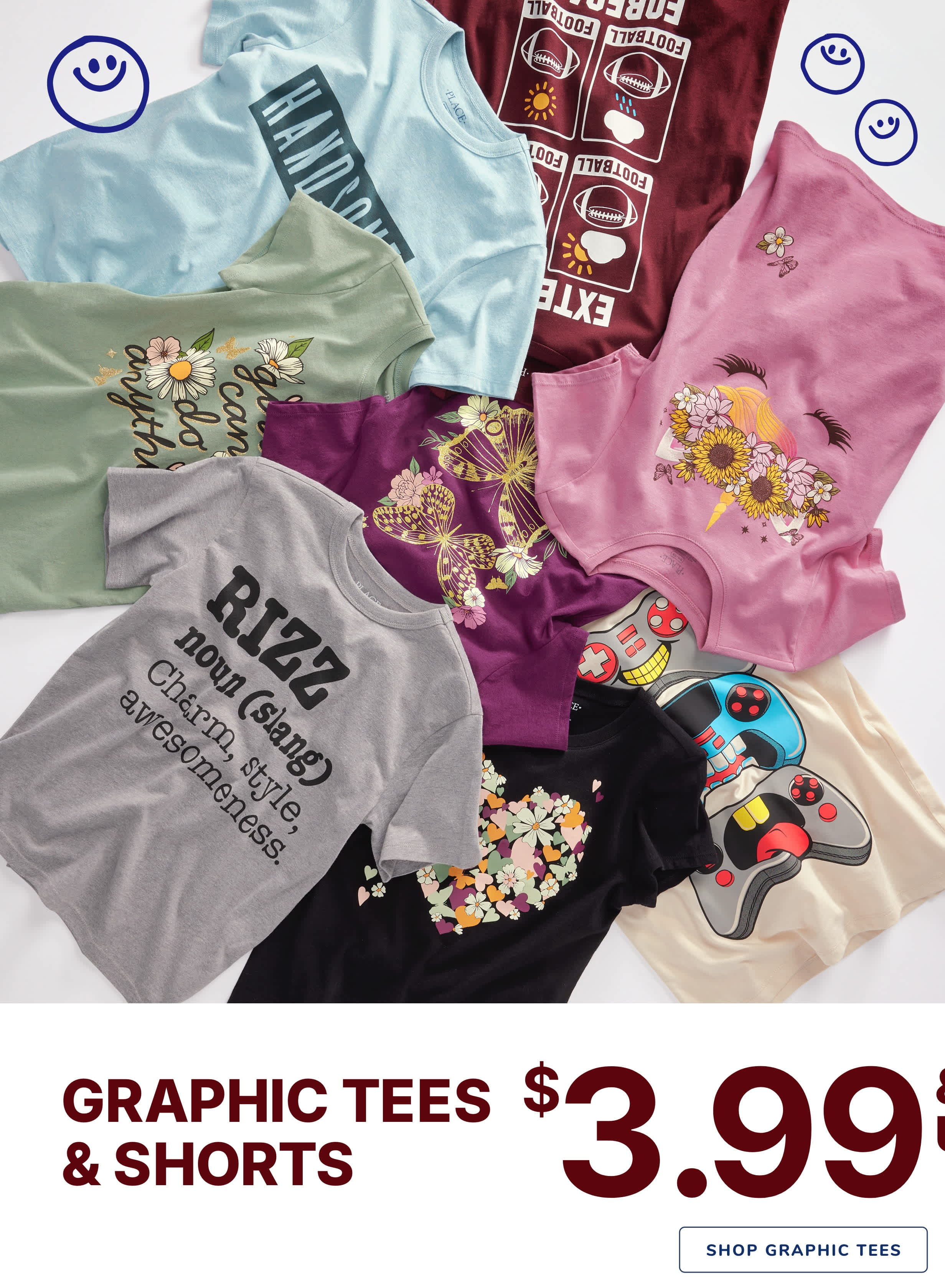 A colorful assortment of graphic t-shirts and shorts, featuring various designs and slogans, displayed on a store shelf with a price tag of $3.99.