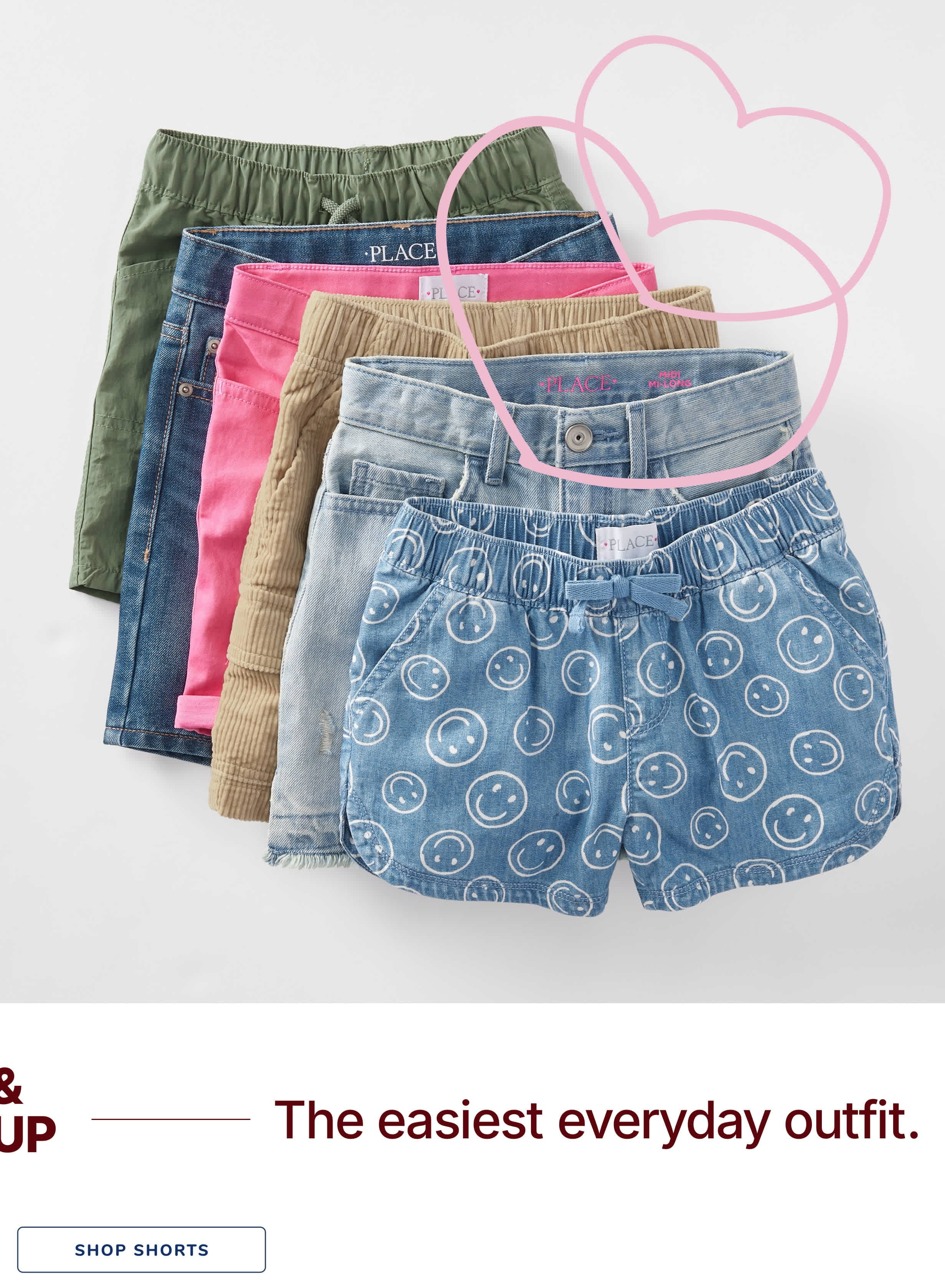 A collection of colorful and patterned shorts, including denim, khaki, and pink hues, arranged on a white background with a heart-shaped graphic overlay.