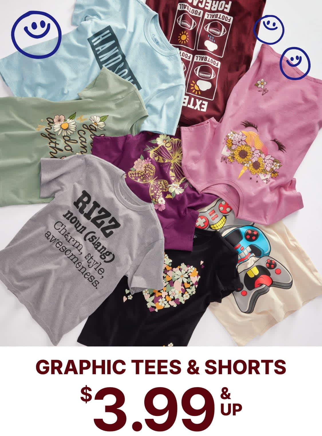 A vibrant collection of graphic t-shirts and shorts, featuring various colorful designs and patterns, arranged in a disorganized manner on a surface.
