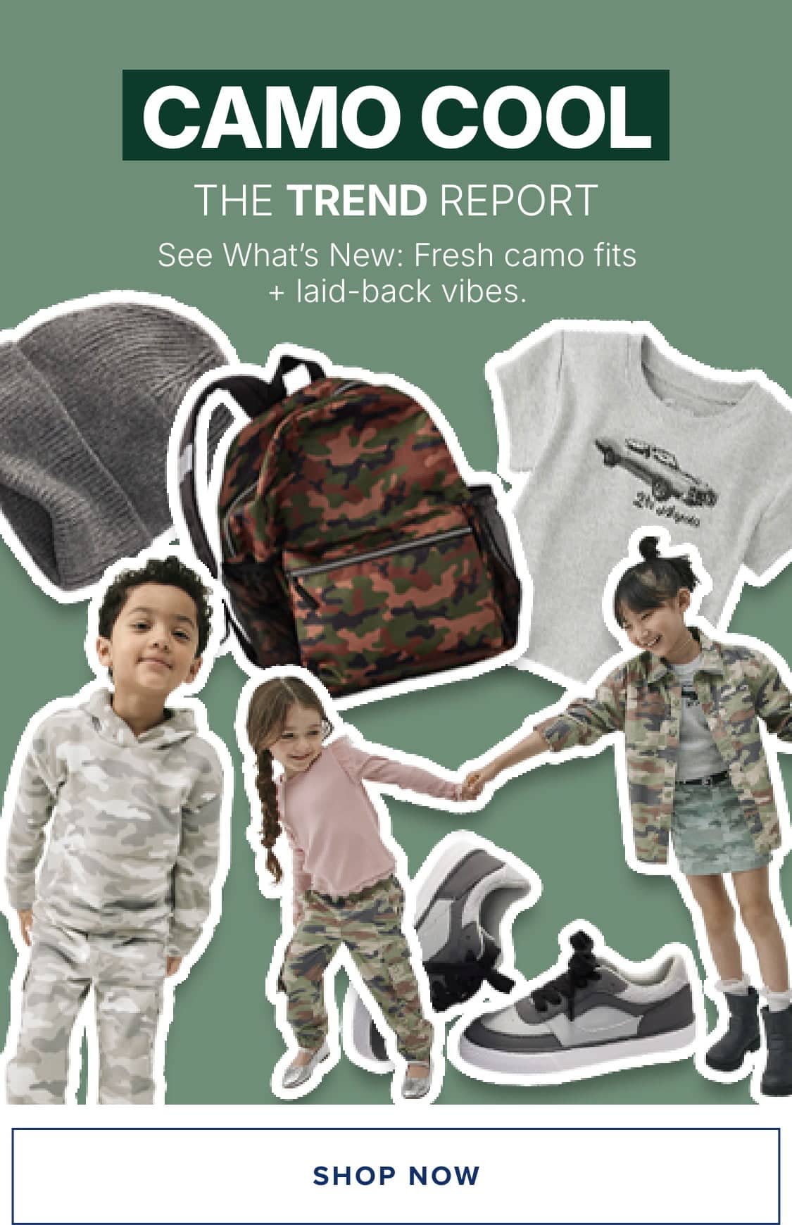 A collage of various camouflage-patterned clothing and accessories, including shoes, shirts, and other items, along with the text "CAMO COOL" and "THE TREND REPORT" prominently displayed.