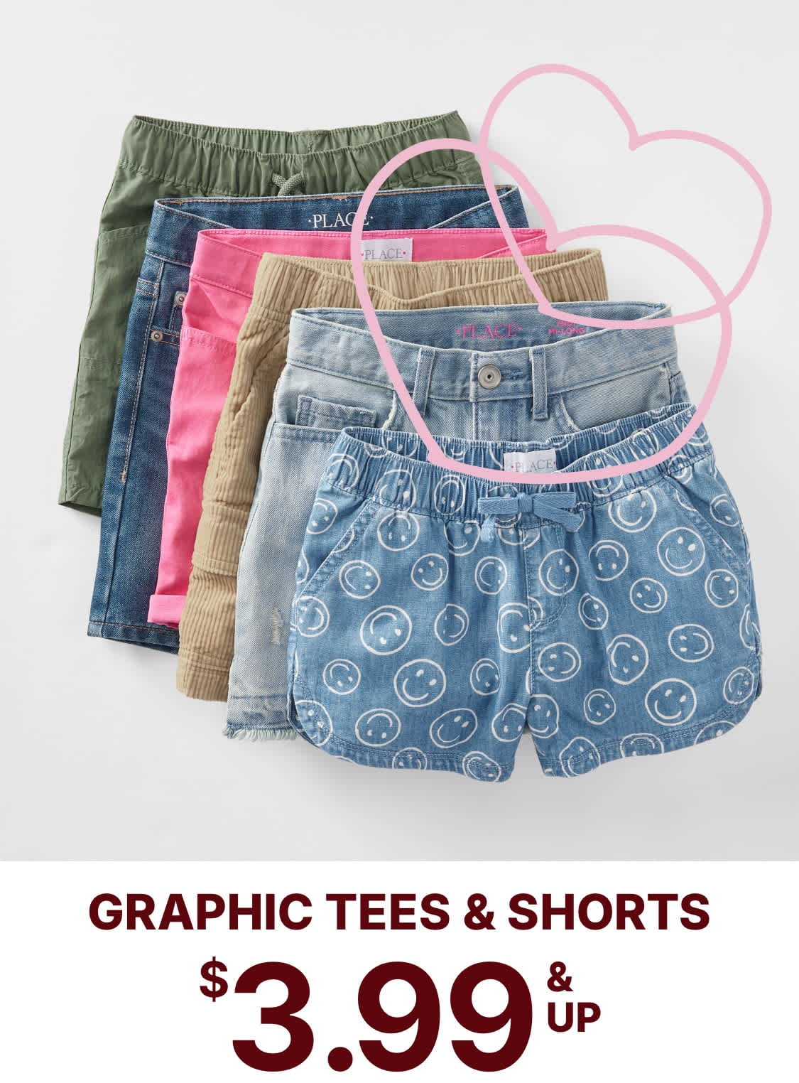 The image displays a variety of colorful and patterned shorts, including denim, khaki, and printed styles, arranged on a plain white background with a pink heart-shaped graphic overlay.