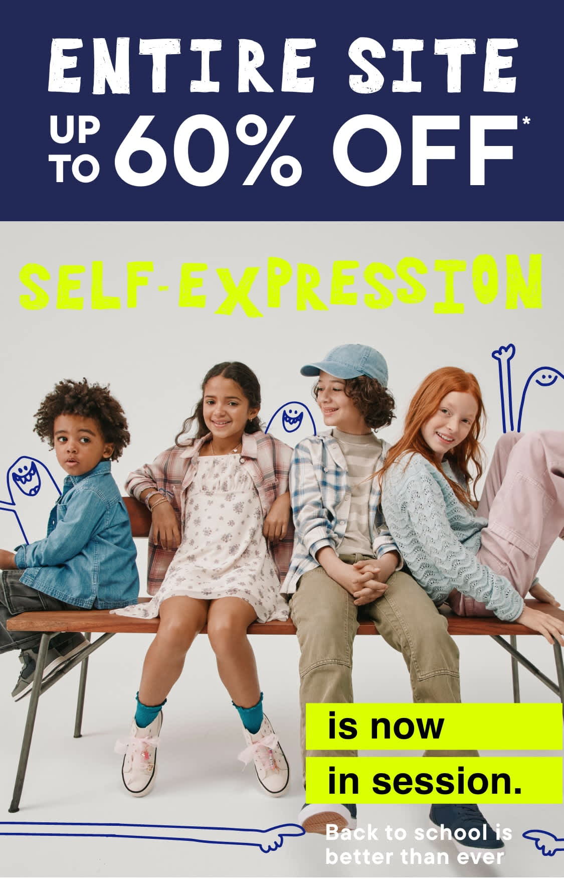 A group of young people, likely students, posing together in a casual setting. The background includes text promoting a "Self Expression" event with a discount offer.