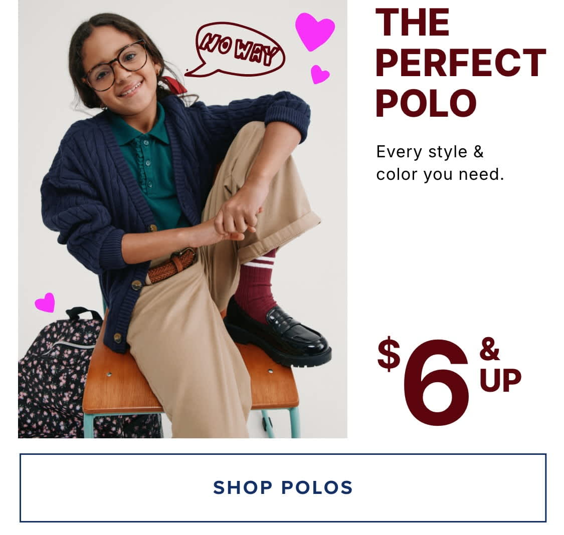 A smiling young woman wearing glasses, a navy blue jacket, and a green shirt, posing with a wooden chair in the foreground. The background features an advertisement for "The Perfect Polo" with various style and color options available for $6 and up.