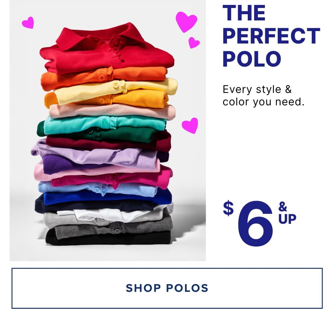 A smiling young woman wearing glasses, a navy blue jacket, and a green shirt, posing with a wooden chair in the foreground. The background features an advertisement for "The Perfect Polo" with various style and color options available for $8 and up.