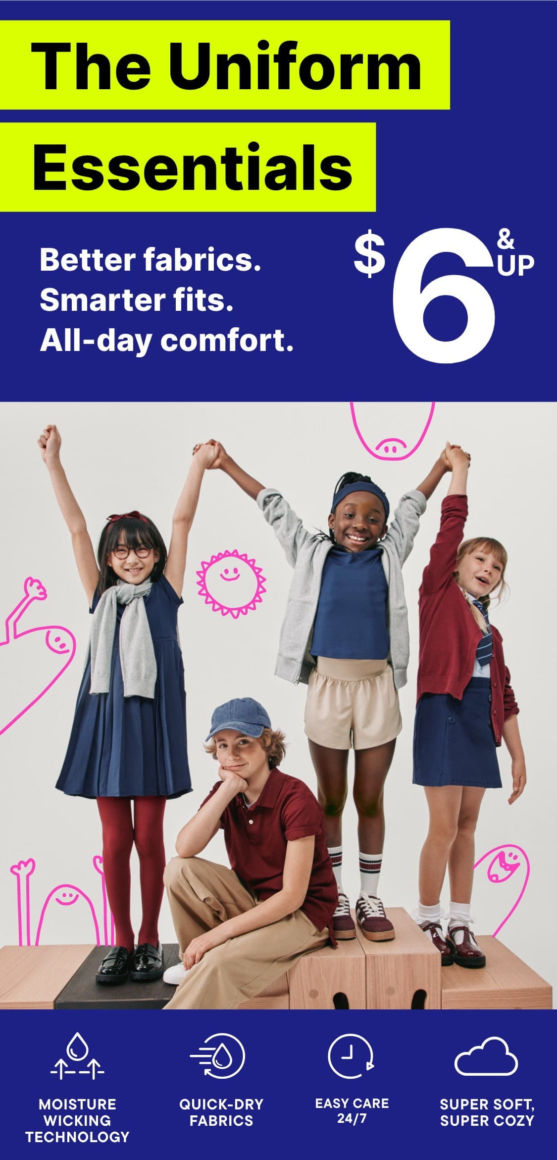 The image features a group of young female models posing in various uniform-style outfits, with a colorful background showcasing the "Uniform Essentials" product offering.