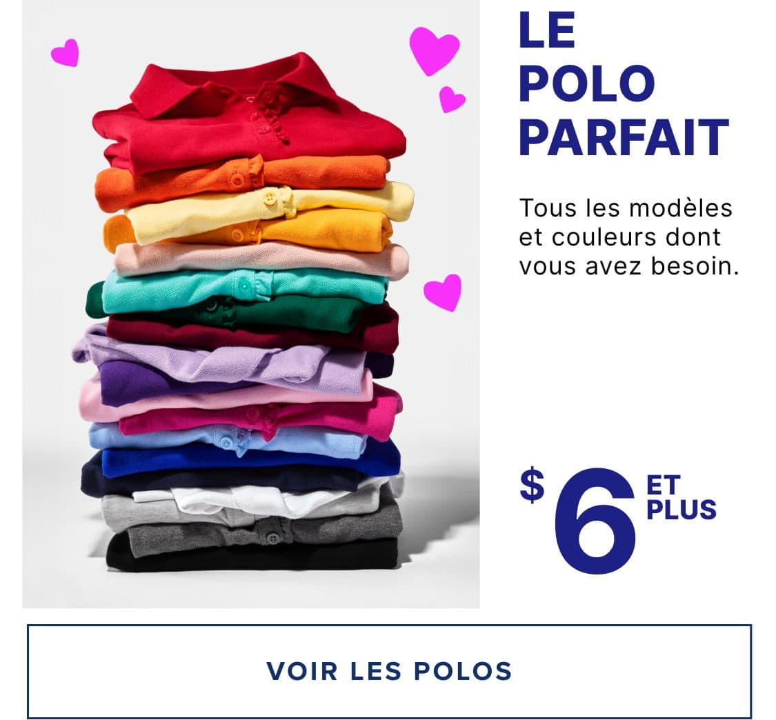 Une jeune femme souriante, portant des lunettes, une veste bleu marine et une chemise verte, pose devant une chaise en bois au premier plan. En arrière-plan, une publicité pour « Le Polo Parfait » propose différents styles et couleurs à partir de 8 $.
