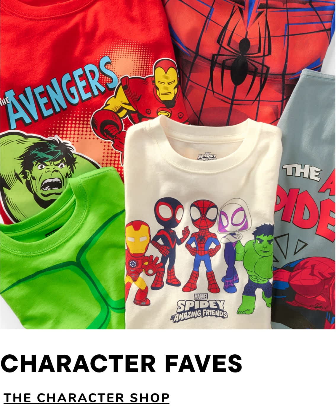 The image displays various Marvel superhero-themed merchandise, including a red Avengers-branded blanket, a white t-shirt featuring stylized versions of popular characters, and a Spider-Man-themed backdrop.