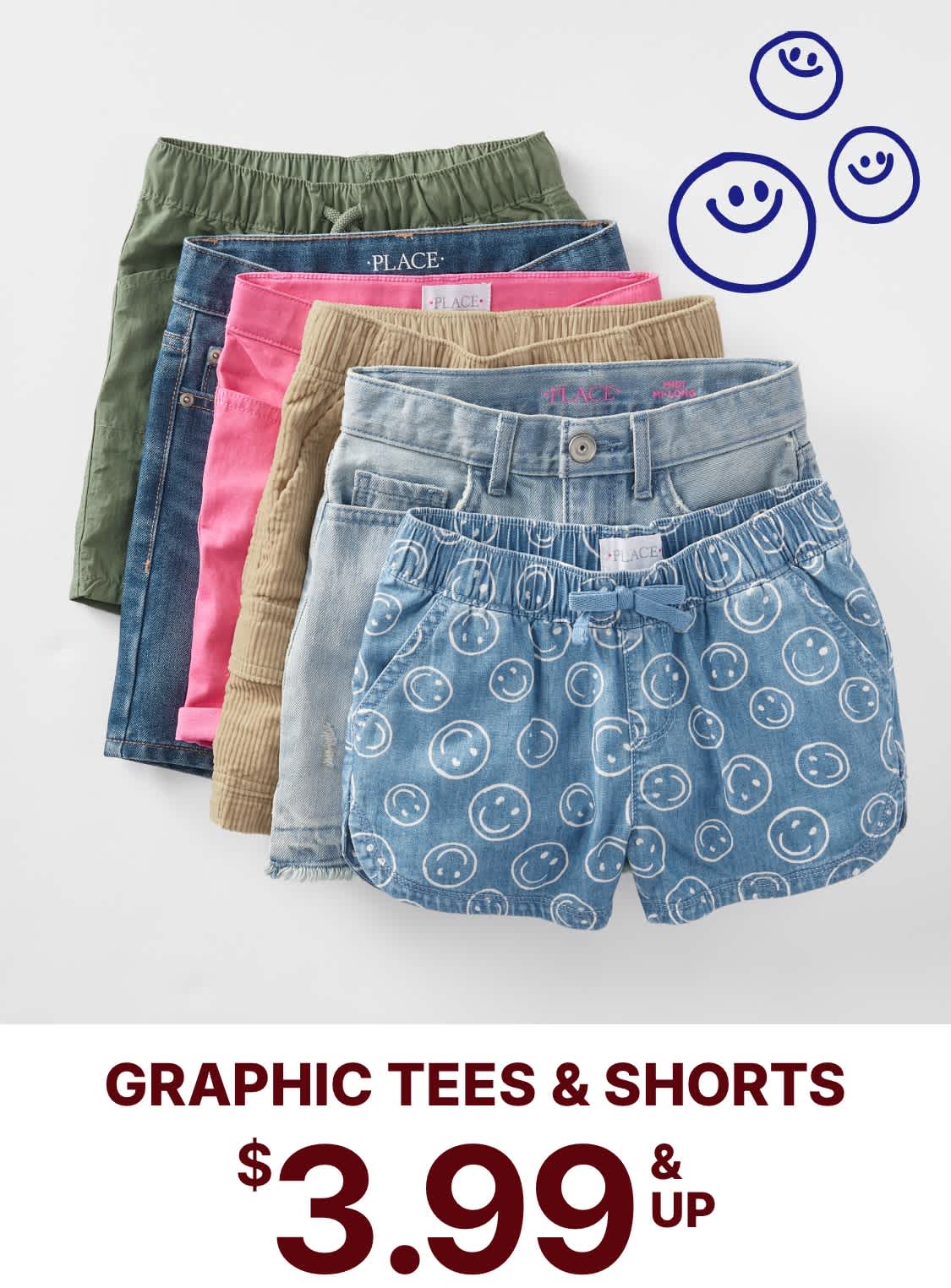 La imagen muestra una variedad de pantalones cortos coloridos y estampados, incluidas opciones en color verde oliva, rosa y mezclilla, junto con algunos gráficos de caras sonrientes en el fondo.
