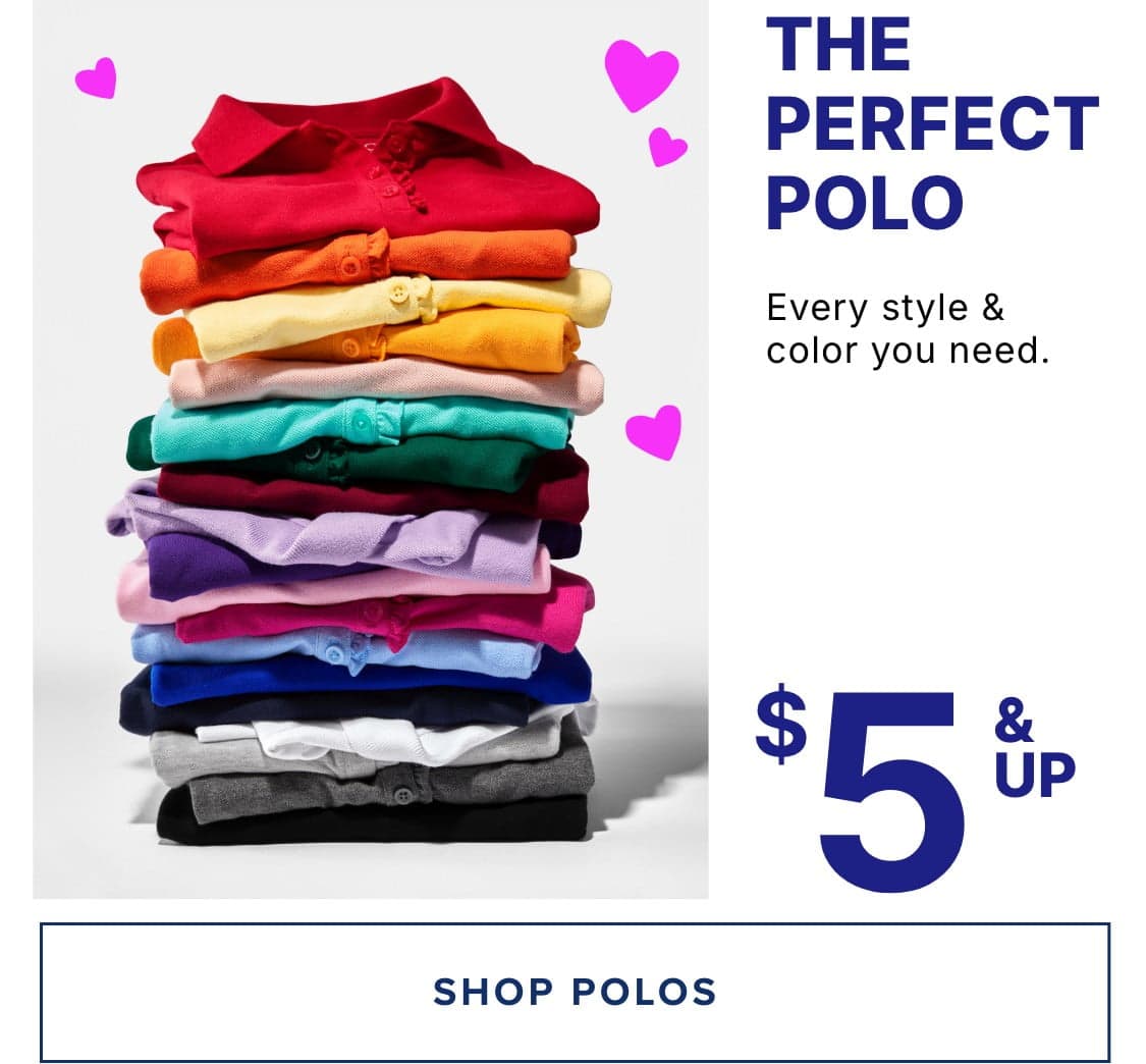 A stack of colorful polo shirts in various hues, accompanied by pink heart-shaped graphics and the text "The Perfect Polo" promoting the product.