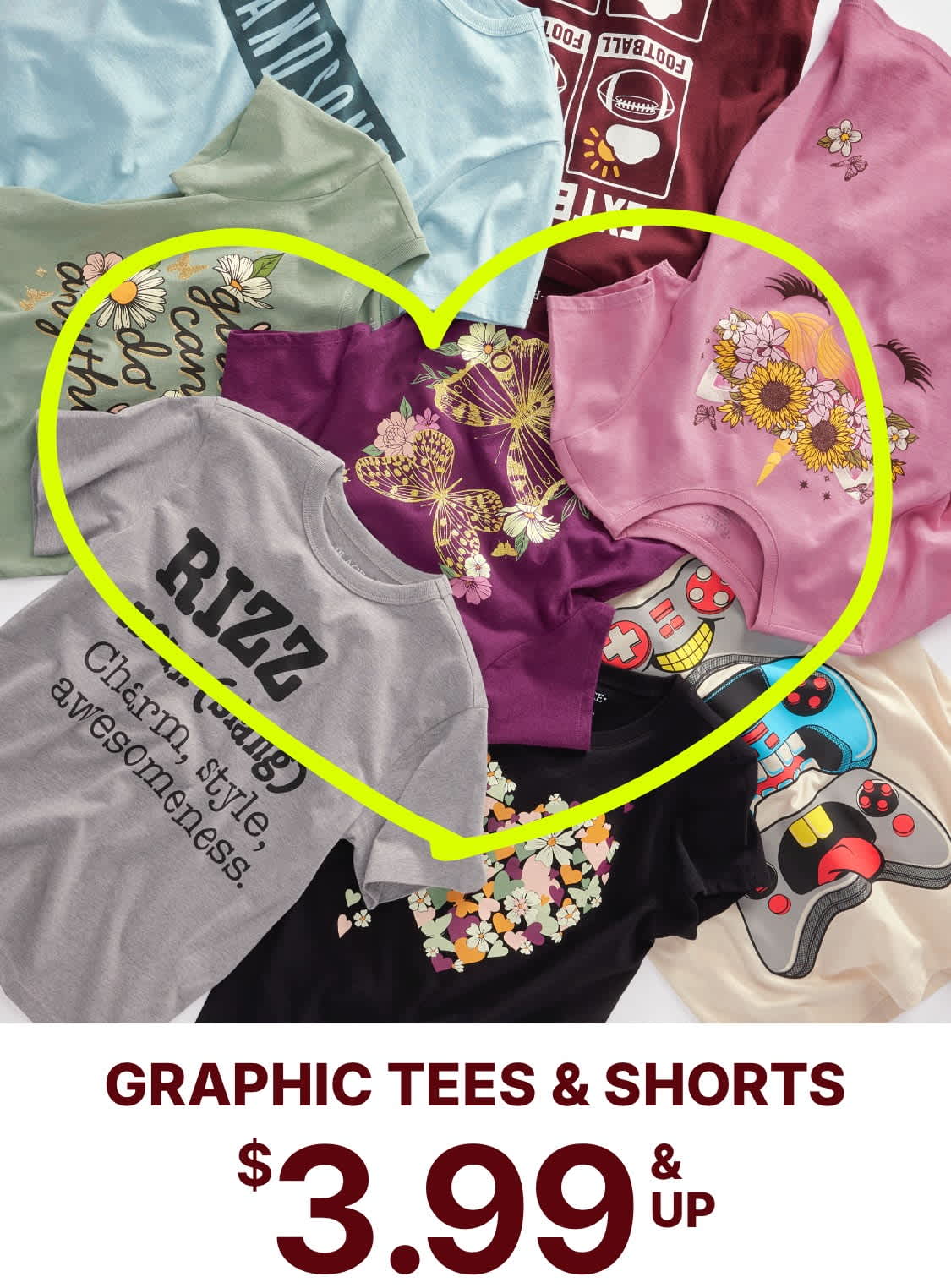 La imagen muestra varias camisetas y pantalones cortos gráficos, incluida una camiseta rosa con diseños florales, una camiseta gris con un logotipo y un controlador de videojuegos, todos mostrados sobre un fondo colorido.