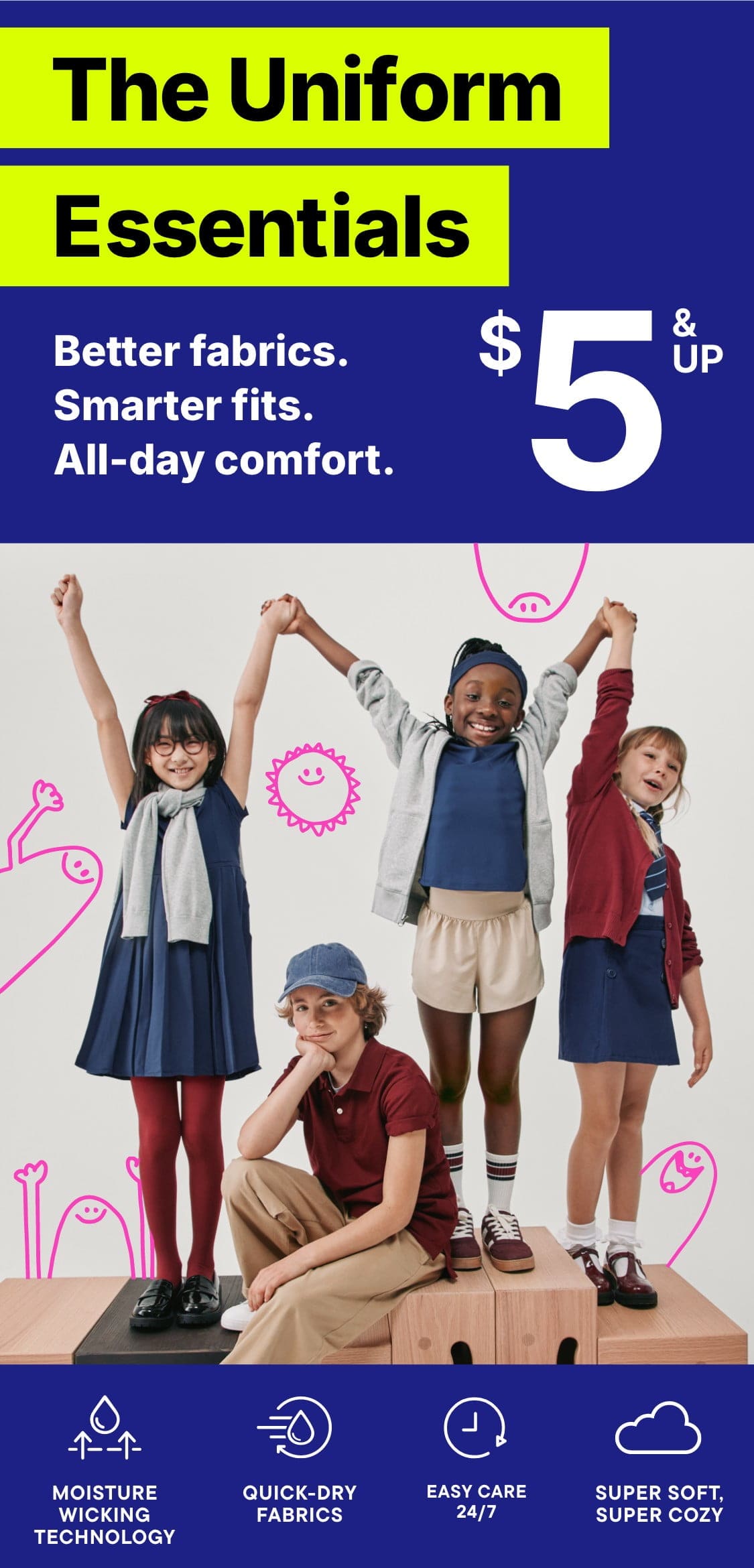 The image features a group of young female models posing in various uniform-style outfits, with a colorful background showcasing the "Uniform Essentials" product offering.