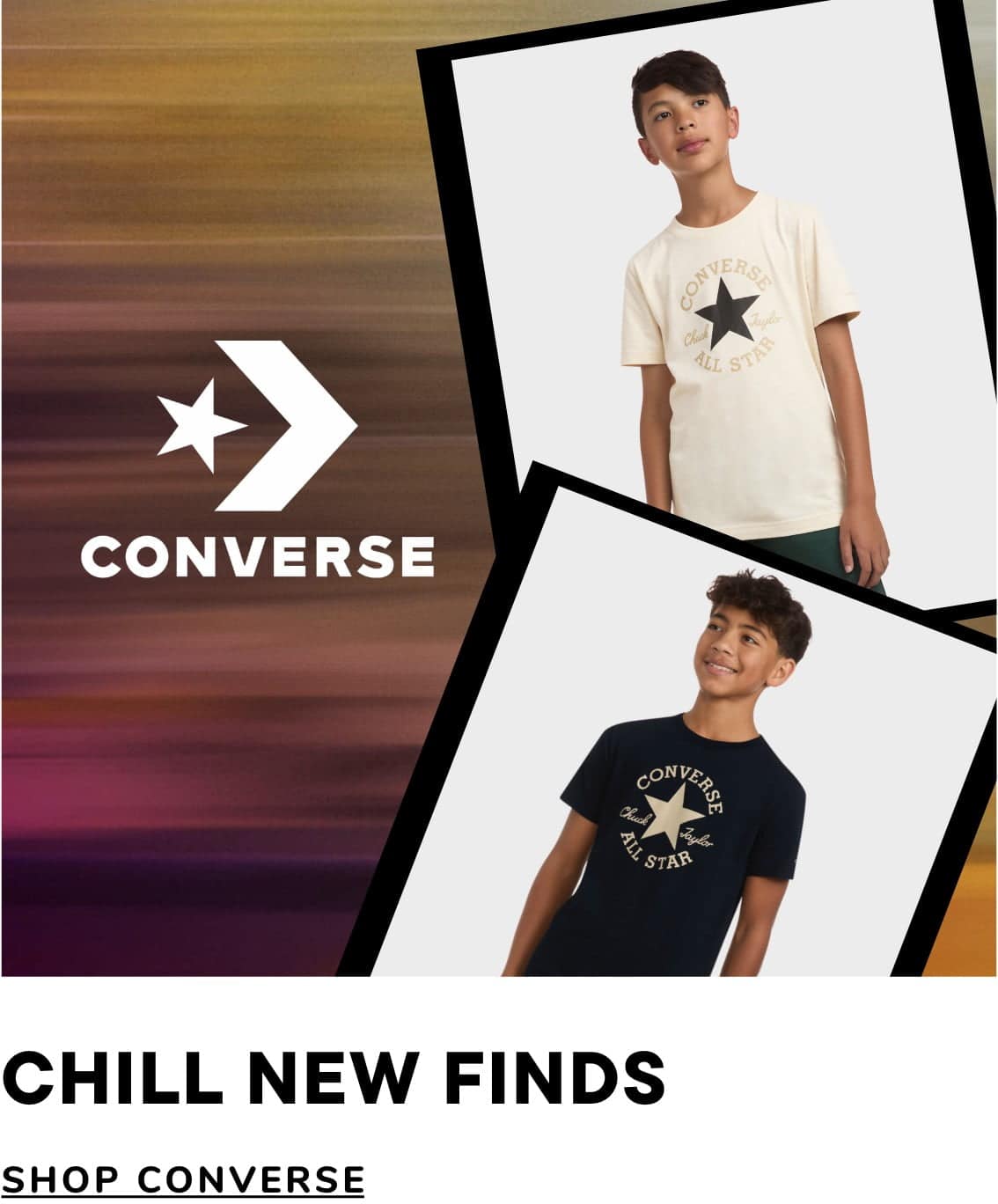 The image features two young individuals wearing Converse t-shirts against a colorful, blurred background with the Converse logo prominently displayed.