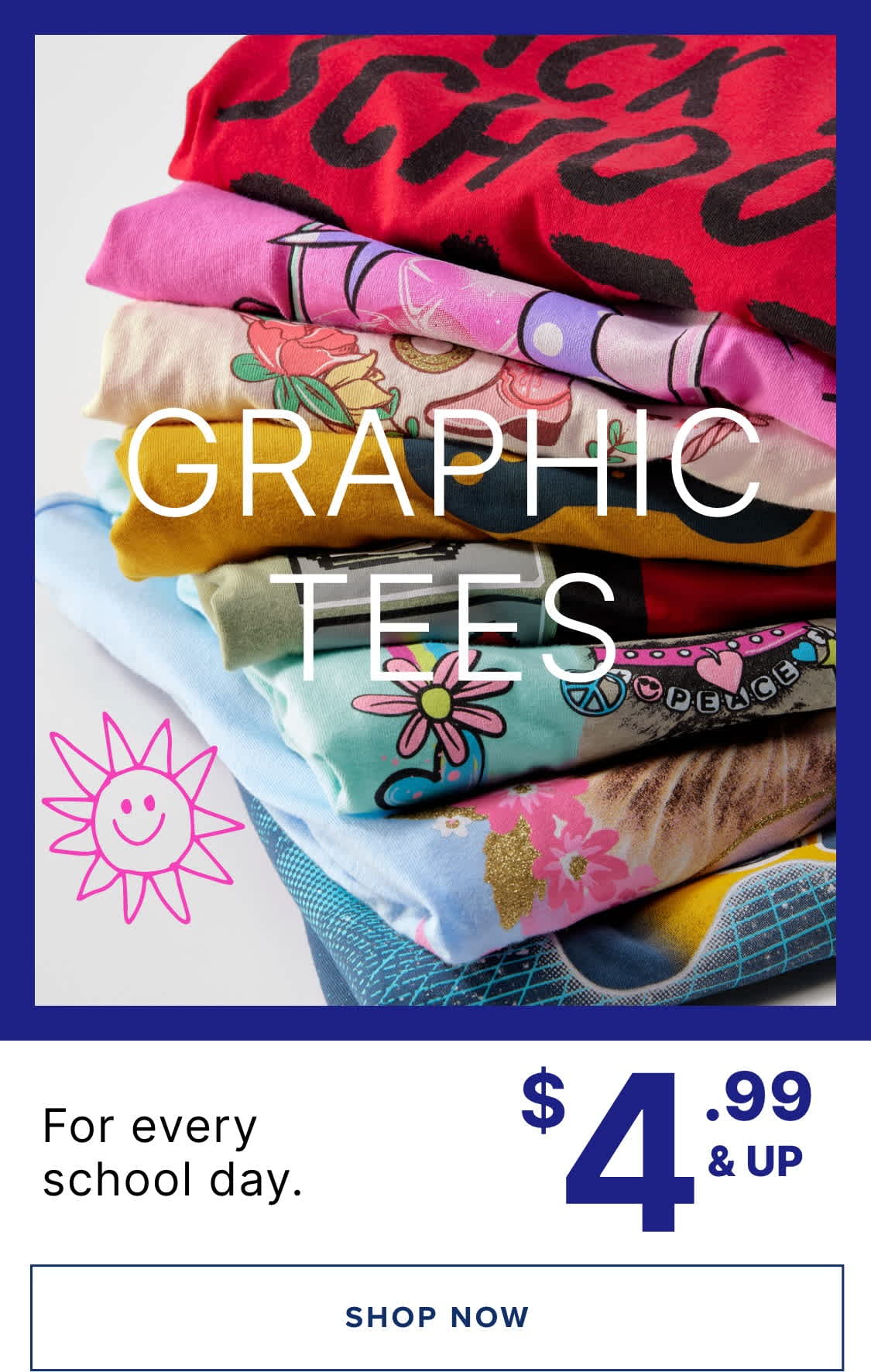 A stack of colorful graphic tees with various designs and patterns, including a sun symbol, against a blue background, with a price tag indicating a sale for $4.99 and up.