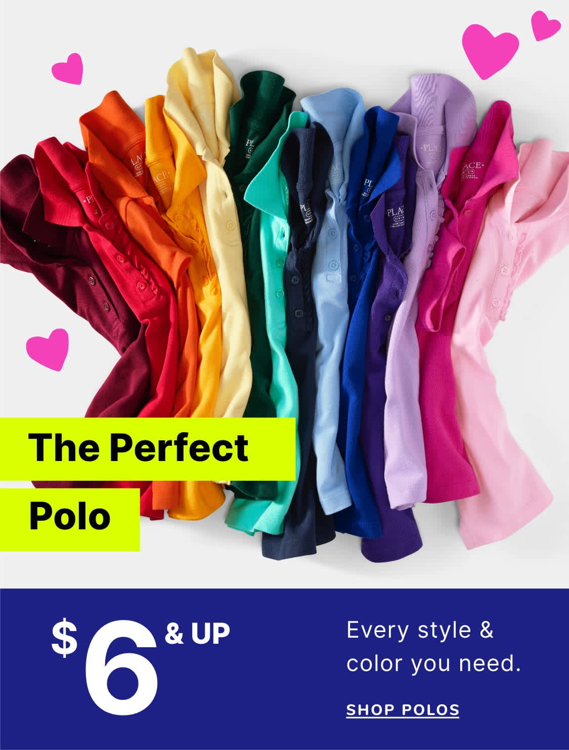 A vibrant display of colorful polo shirts in various shades, arranged against a plain white background with pink heart-shaped decorations.