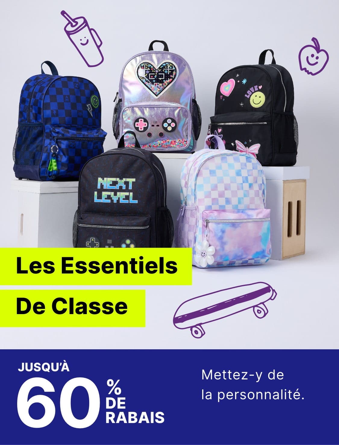 Une collection de sacs à dos colorés et élégants, dont un à carreaux bleus et noirs, un en forme de cœur holographique argenté et un noir avec différents motifs, ainsi que des manuels et des fournitures scolaires, le tout sur un fond blanc uni.