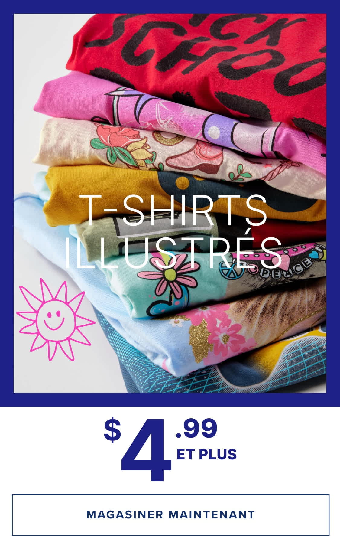 Une pile de t-shirts graphiques colorés avec divers motifs et designs, y compris un symbole solaire, sur un fond bleu, avec une étiquette de prix indiquant une vente à 4,99 $ et plus.