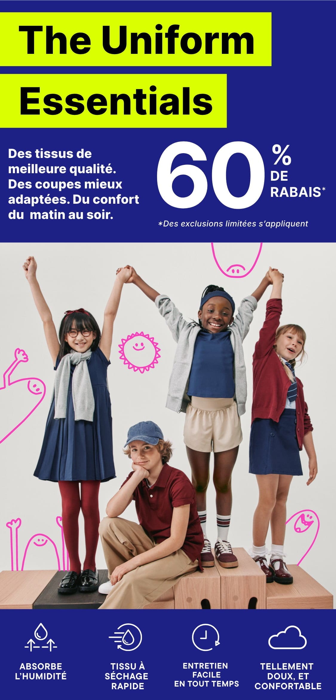 L'image présente un groupe de jeunes mannequins féminins posant dans diverses tenues de style uniforme, avec un arrière-plan coloré mettant en valeur l'offre de produits « Uniform Essentials ».