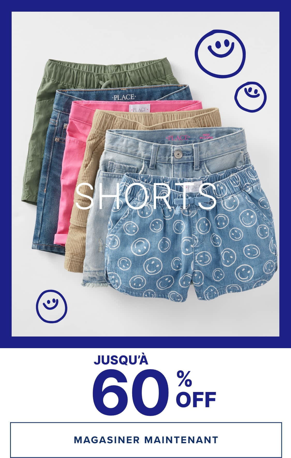 L'image présente une variété de shorts colorés et à motifs, notamment en denim, kaki et rose, disposés sur un fond uni. Les shorts sont accompagnés d'icônes de visages souriants, et le texte annonce une promotion offrant jusqu'à 60 % de réduction sur des articles « cool, confortables et décontractés ».