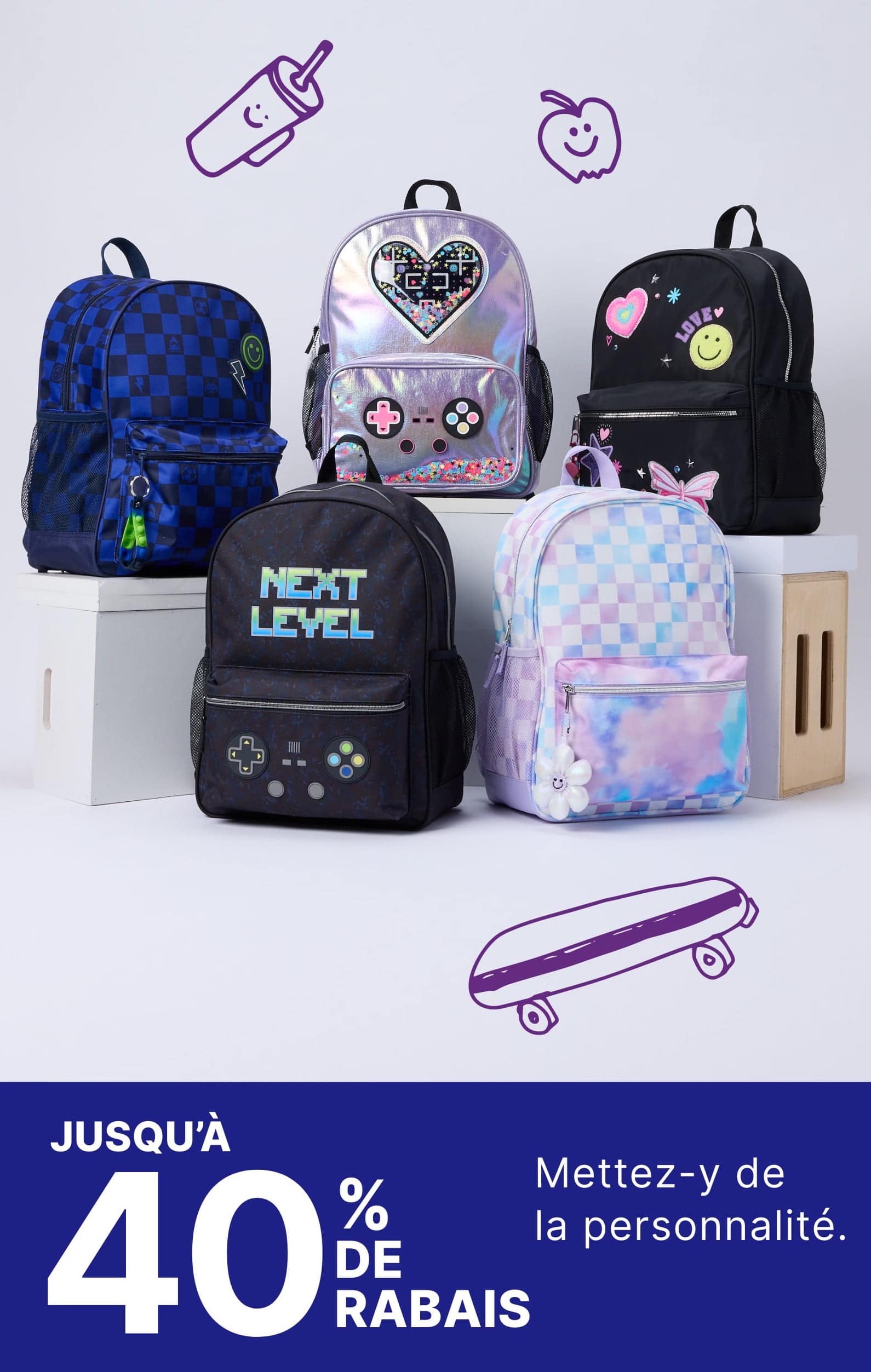 A collection of colorful and patterned backpacks, along with textbooks and school supplies, are displayed on a white background with various icons and text promoting a sale on backpacks.