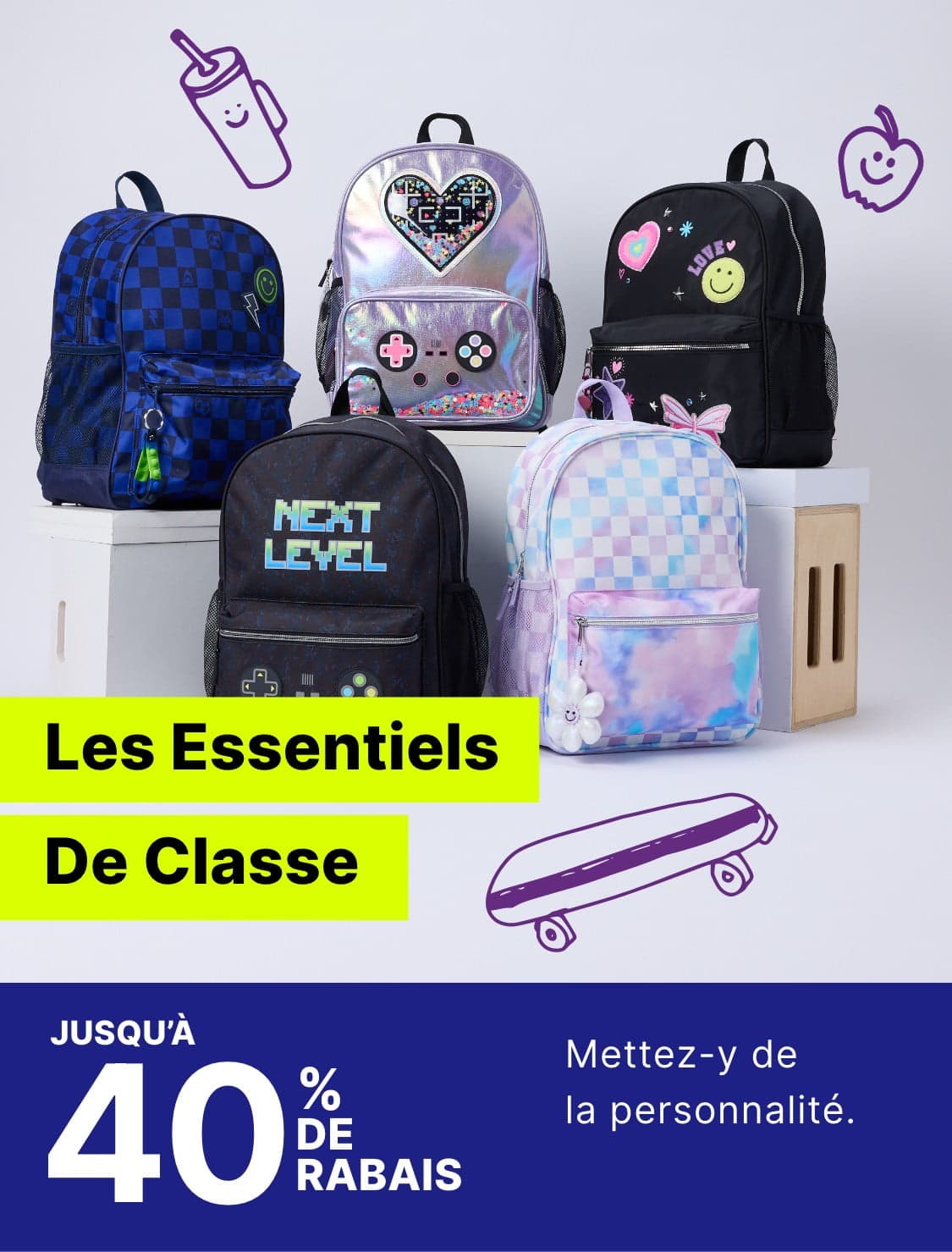 A collection of colorful and stylish backpacks, including a blue and black checkered one, a silver holographic heart-shaped one, and a black one with various designs, along with textbooks and school supplies, all set against a plain white background.