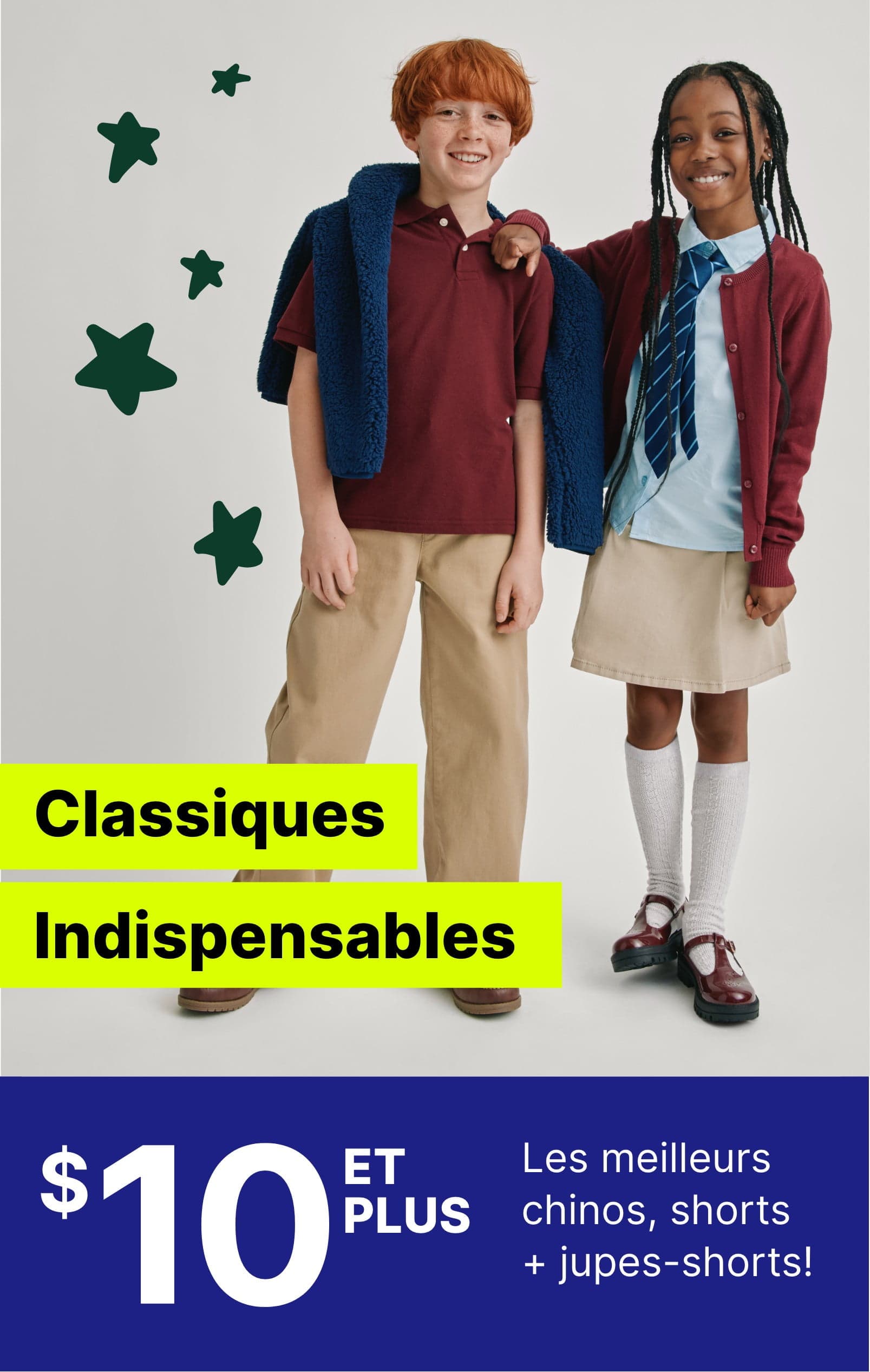Deux jeunes filles, l'une blonde, l'autre brune, roulent ensemble sur un vélo jaune. L'arrière-plan est orné d'étoiles vertes et d'une publicité « Classiques incontournables ».