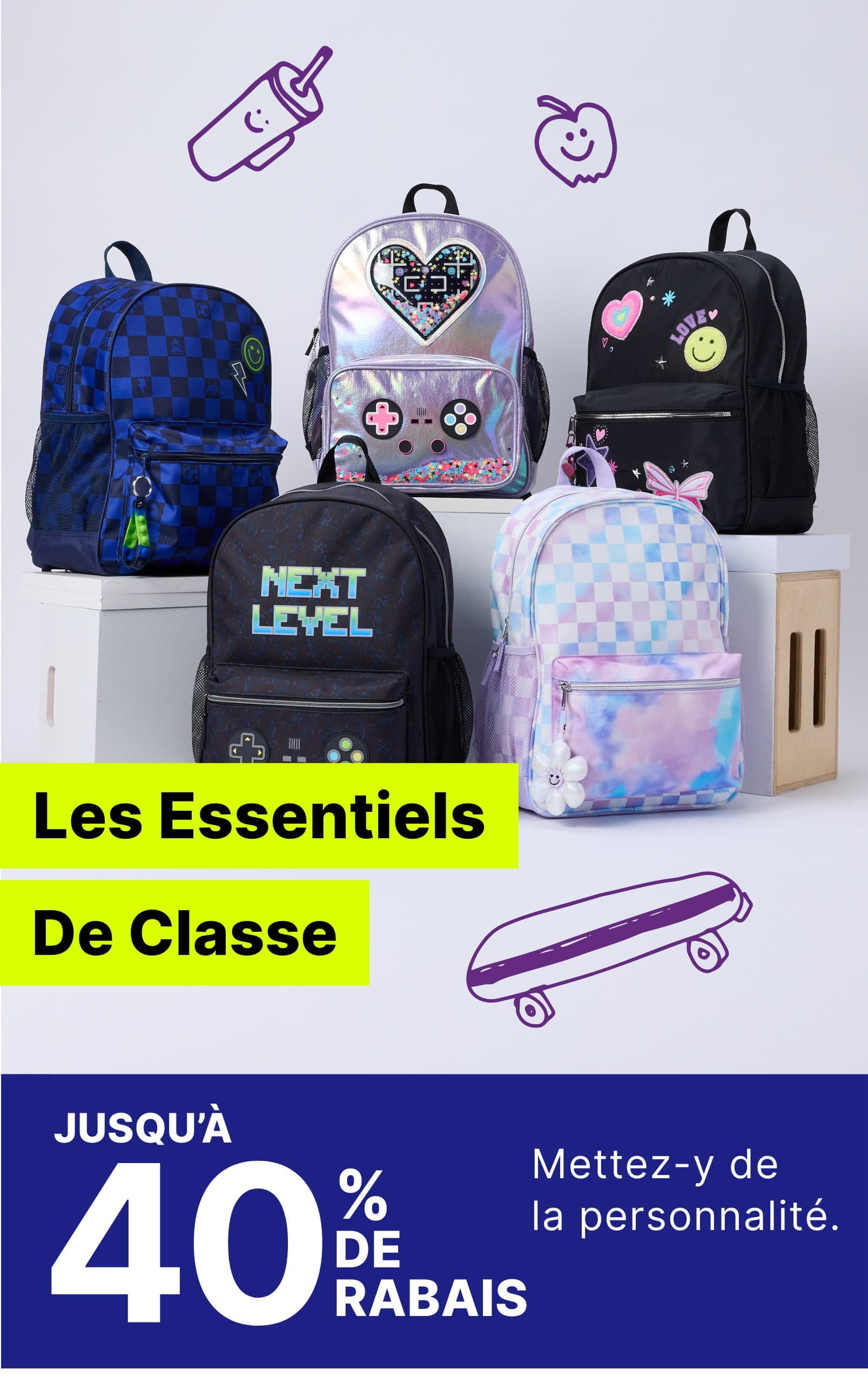 Une collection de sacs à dos colorés et à motifs, ainsi que des manuels et des fournitures scolaires, sont présentés sur un fond blanc avec diverses icônes et textes faisant la promotion d'une vente sur les sacs à dos.