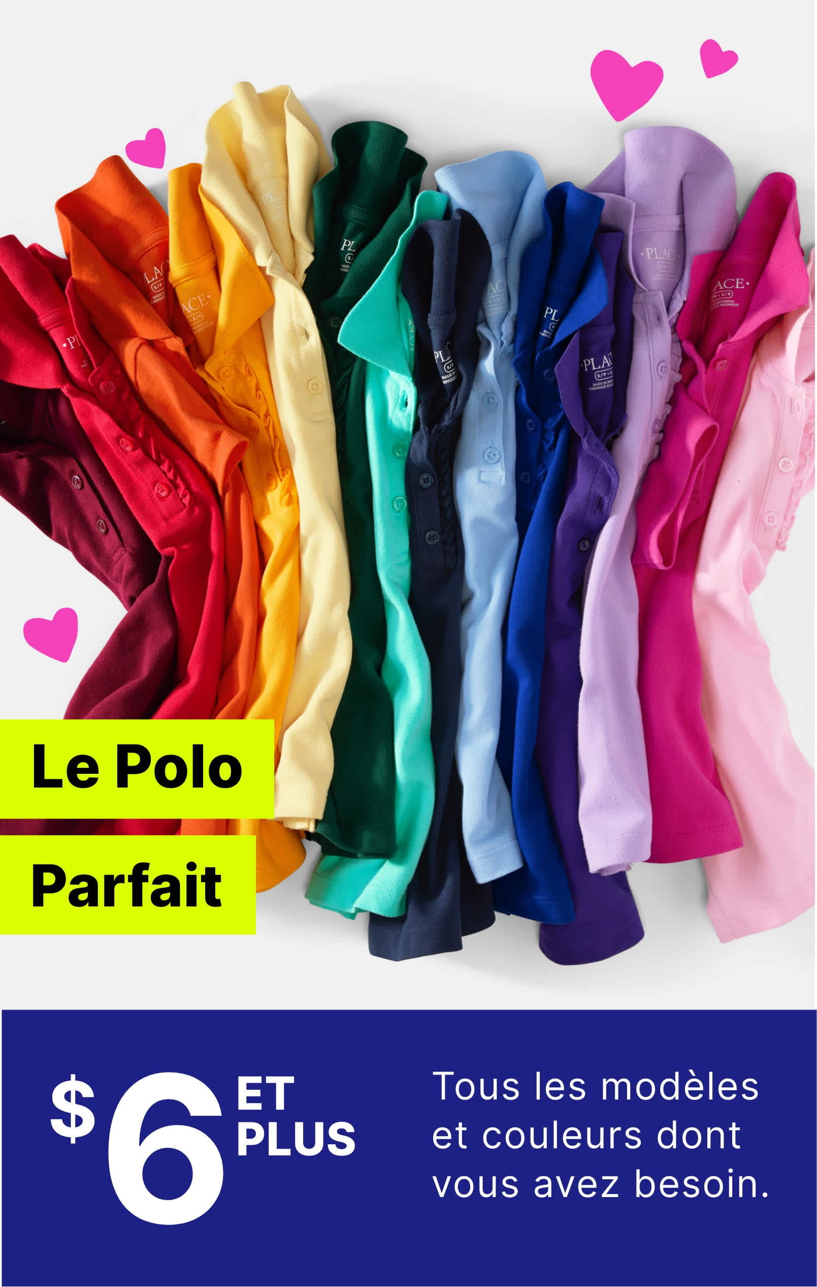 Un étalage dynamique de polos de différentes couleurs, disposés selon un motif arc-en-ciel, avec le texte « The Perfect Polo » et les informations sur les prix bien en évidence.