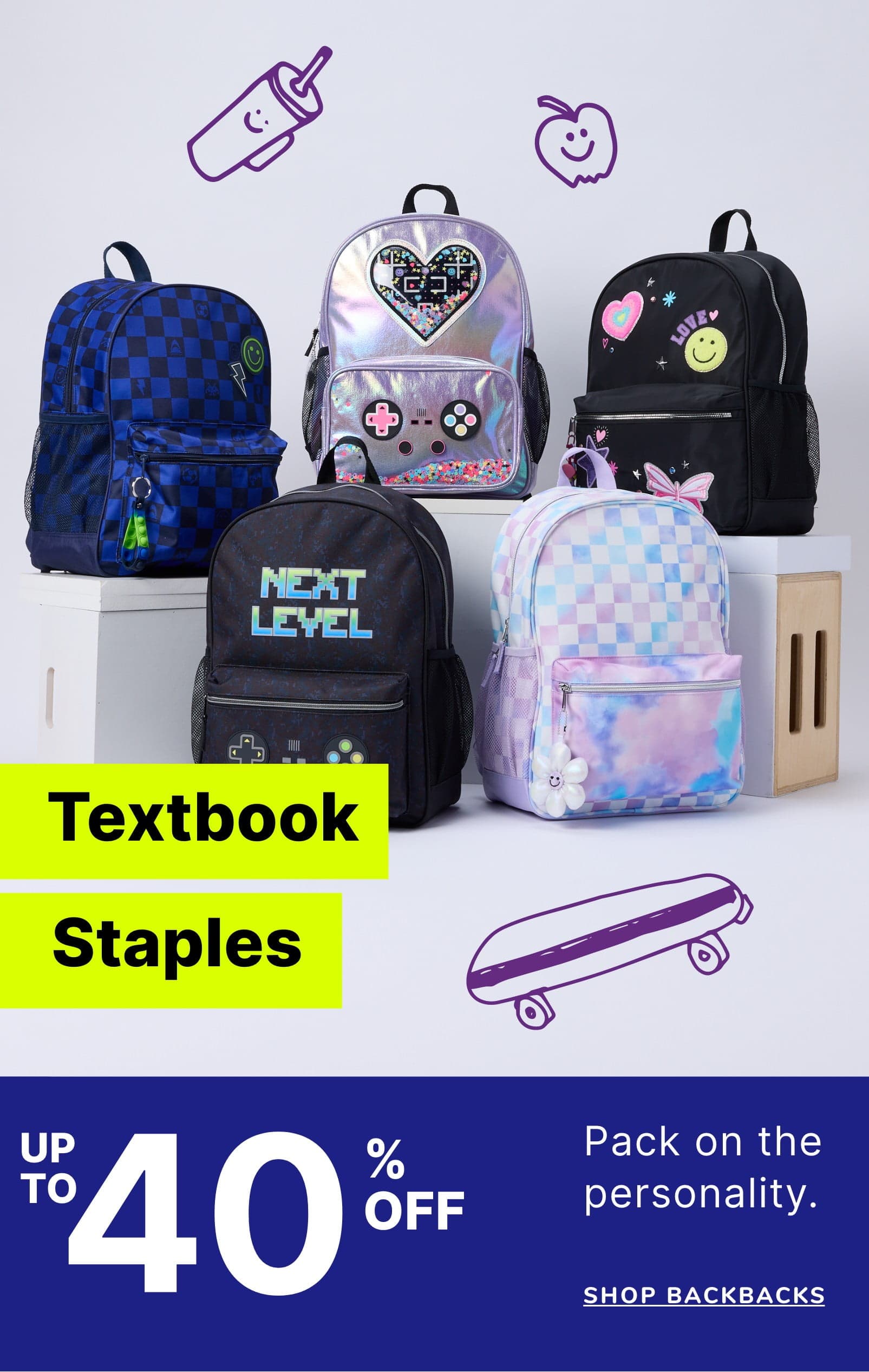 A collection of colorful and patterned backpacks, along with textbooks and school supplies, are displayed on a white background with various icons and text promoting a sale on backpacks.
