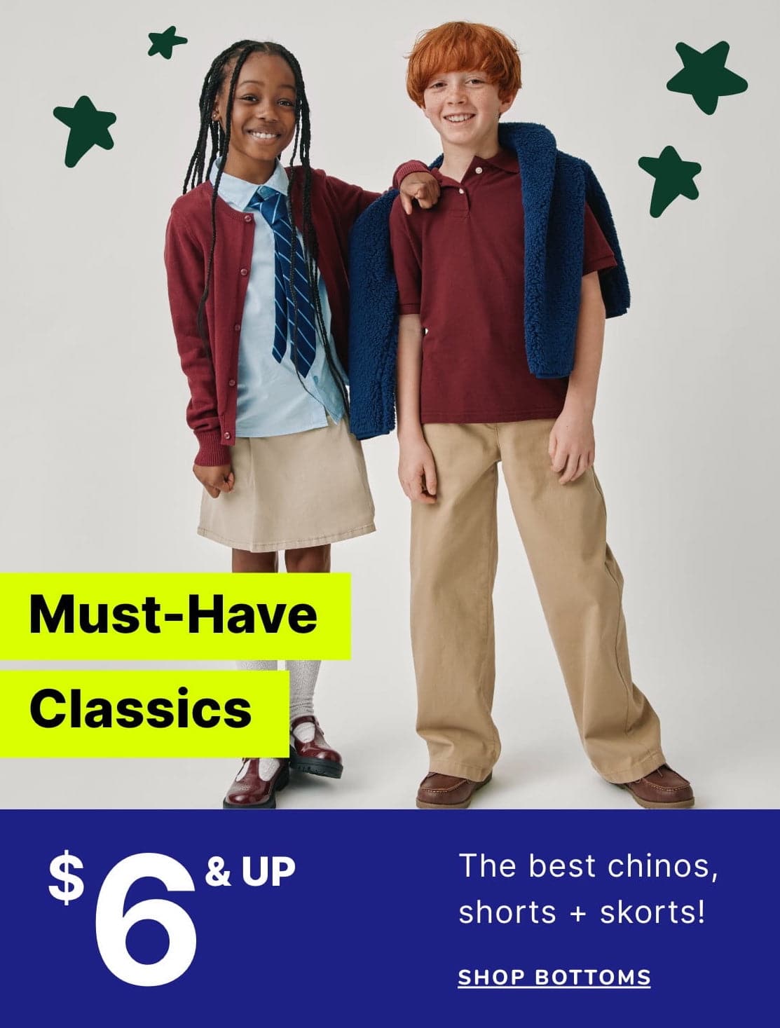 Two young people, a boy and a girl, are standing next to a bright yellow bicycle. The background features a plain white wall with green star-shaped shapes.