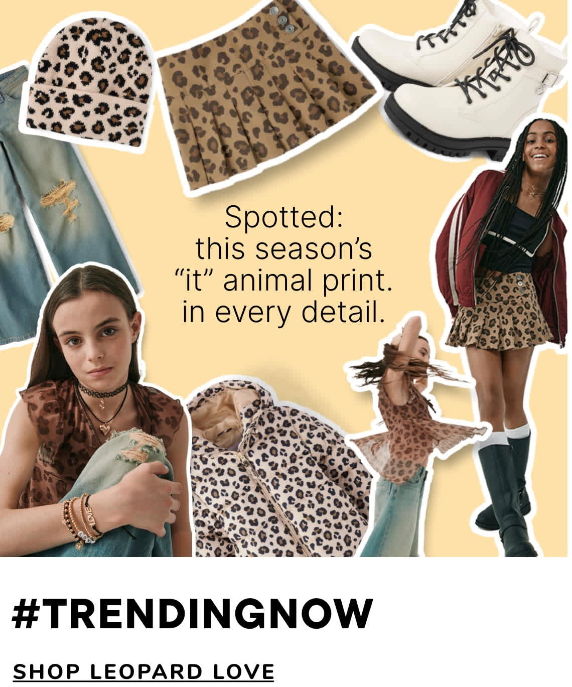 The image features various fashion items and accessories adorned with a leopard print pattern, including a hat, skirt, and boots. The background is a solid yellow color, creating a vibrant and eye-catching contrast.