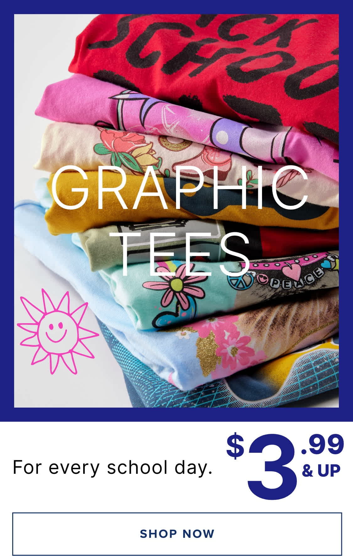 A stack of colorful graphic tees with various patterns and designs, including a sun symbol, against a blue background, with a price tag of $3.99 and up displayed below.