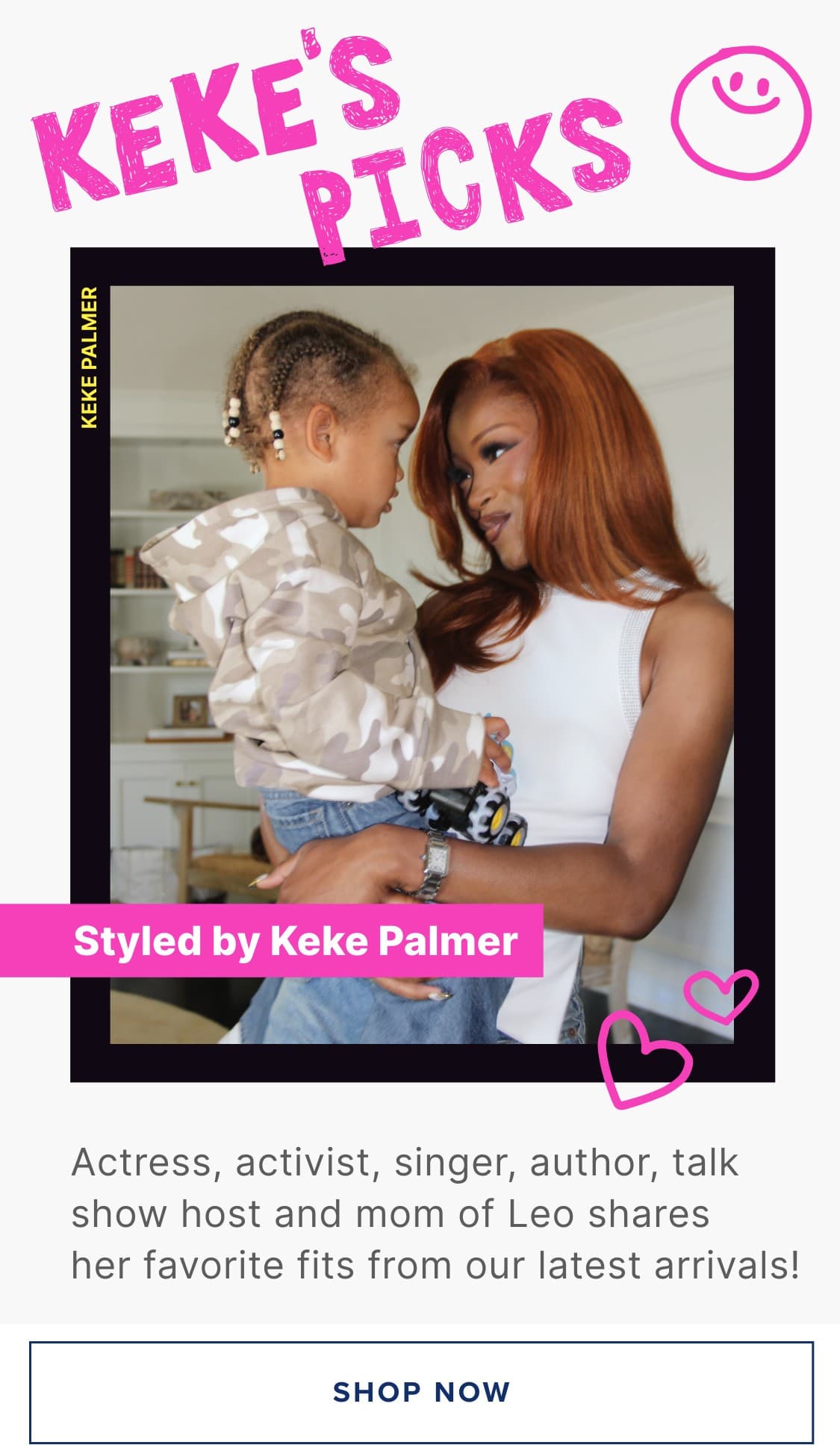 The image features a large pink text that says "KEKE'S PICKS" along with a smaller text that says "Styled by Keke Palmer". In the background, there are various clothing items and accessories displayed on hangers.