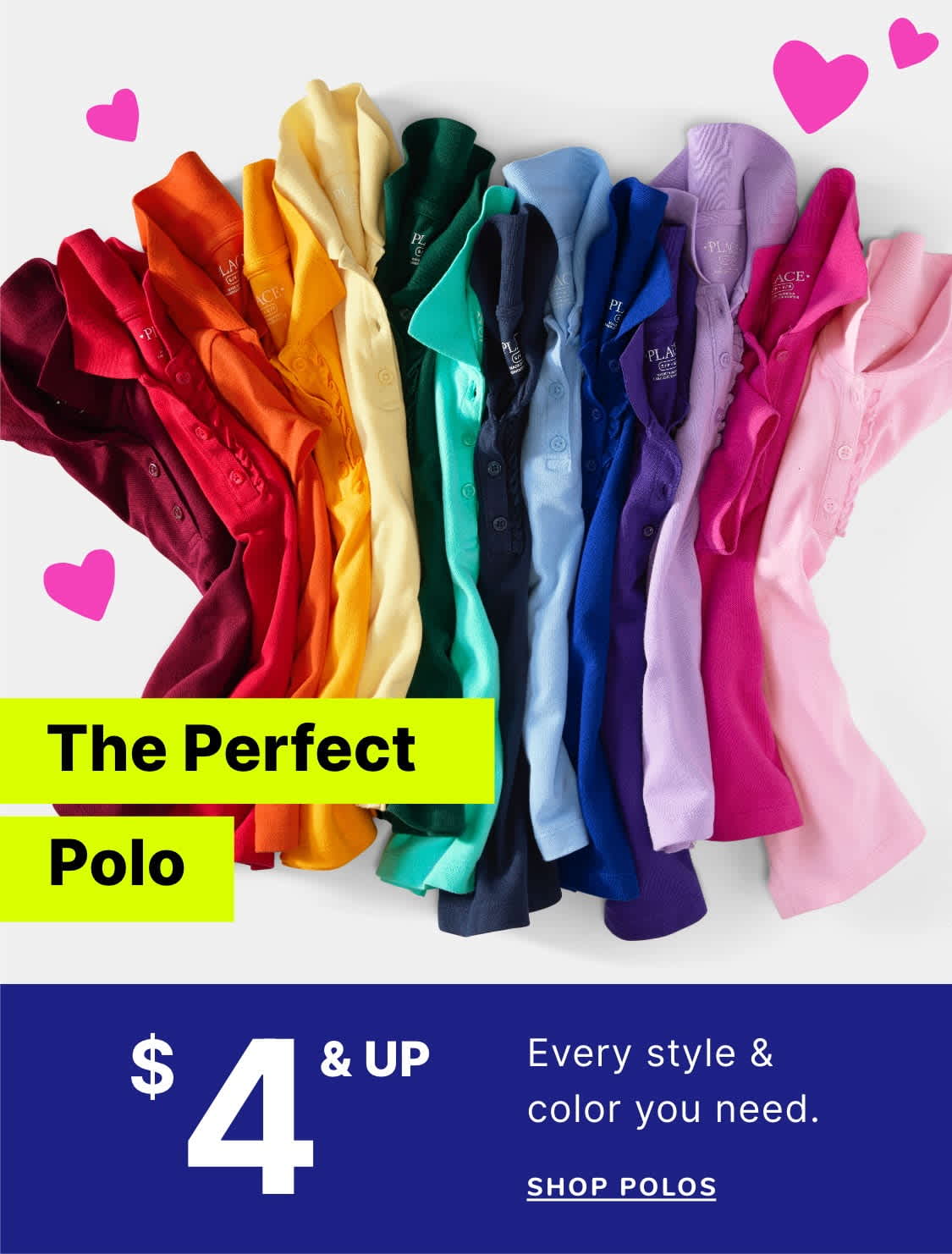 A vibrant display of colorful polo shirts in various shades, arranged against a plain white background with pink heart-shaped decorations.