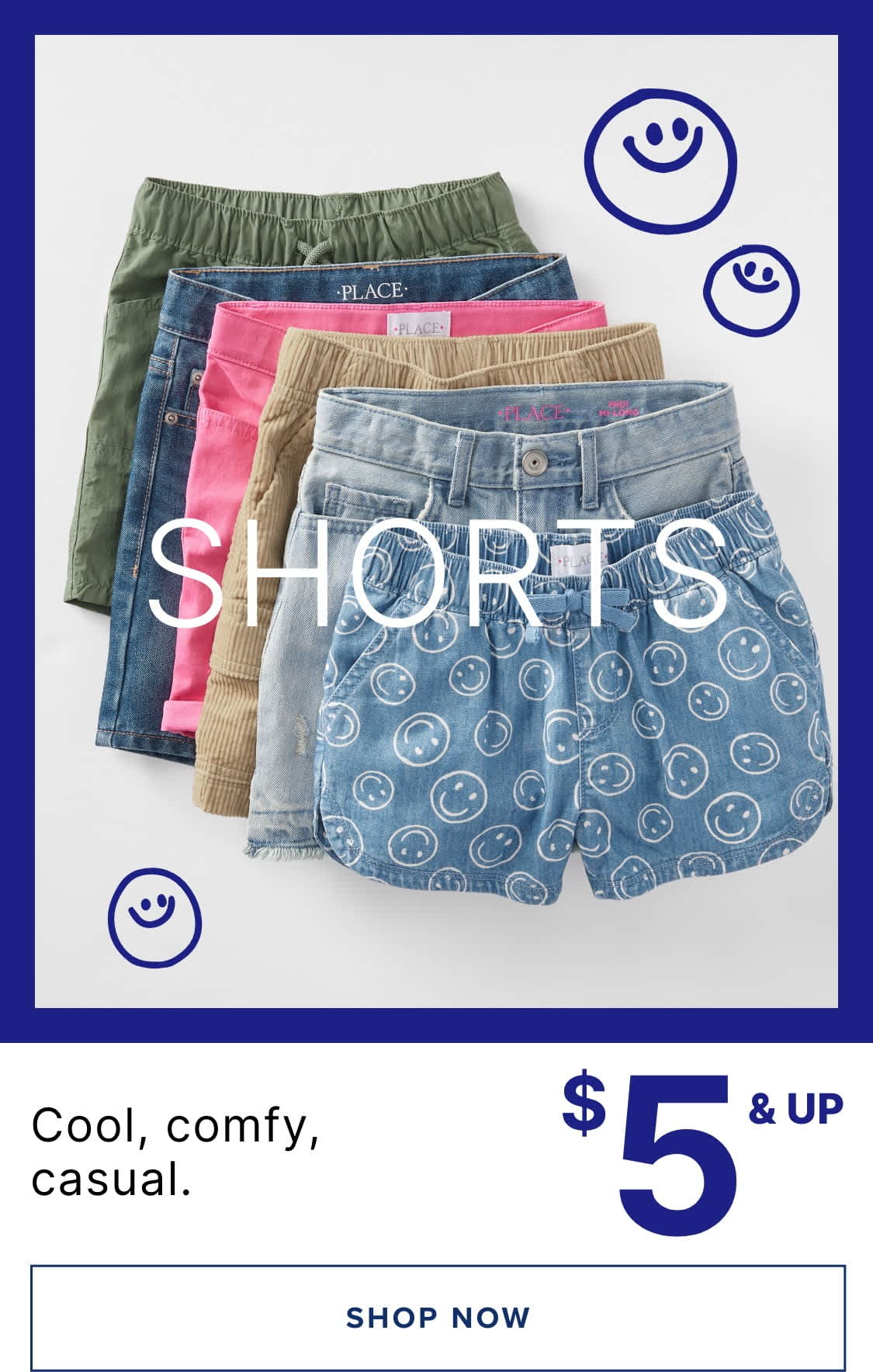 The image displays a variety of colorful and patterned shorts, including denim, khaki, and pink options, arranged on a plain white background. Surrounding the shorts are several blue smiley face icons, creating a cheerful and casual atmosphere.