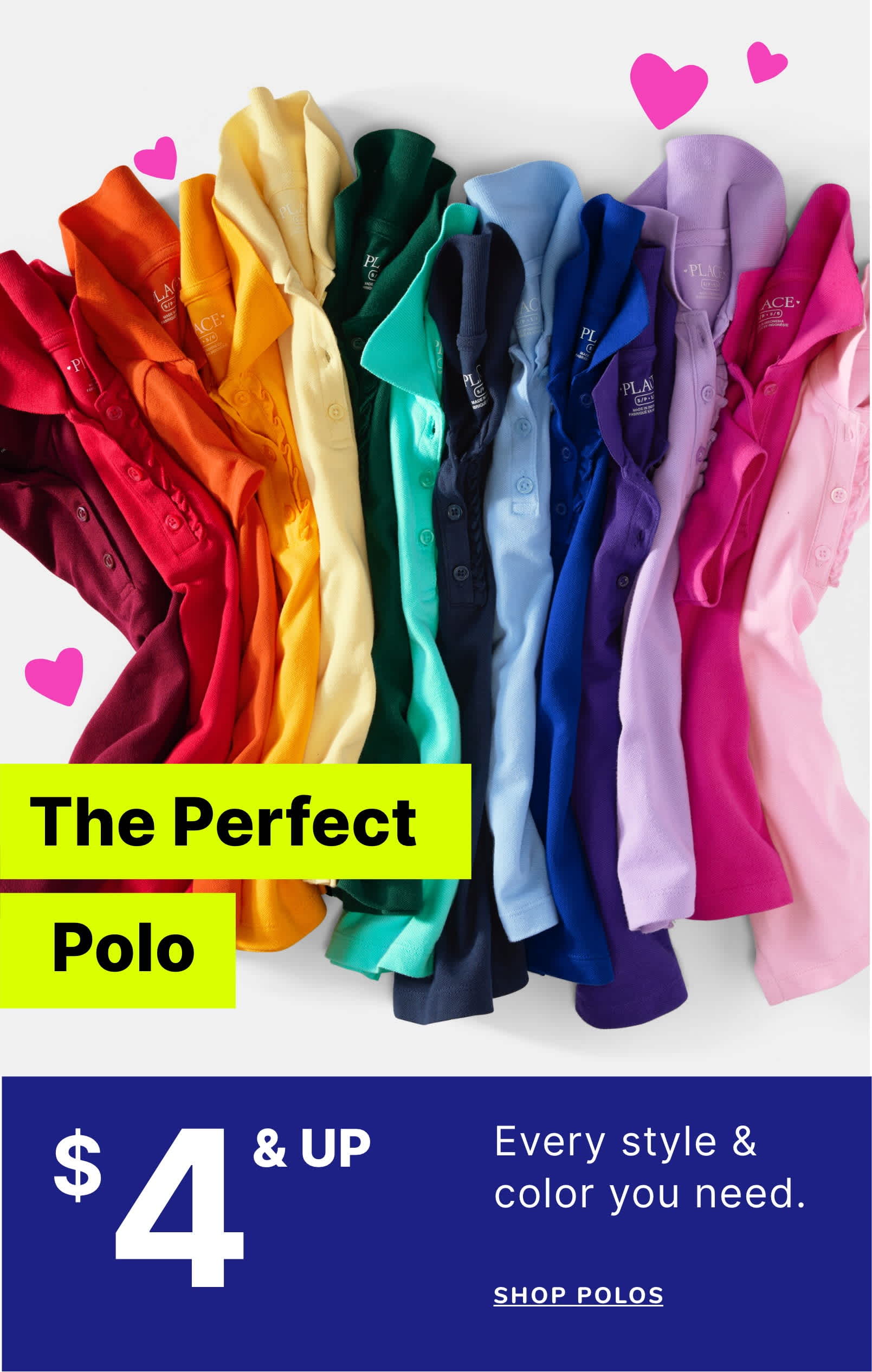 A vibrant display of various colored polo shirts, arranged in a rainbow-like pattern, with the text "The Perfect Polo" and pricing information prominently featured.