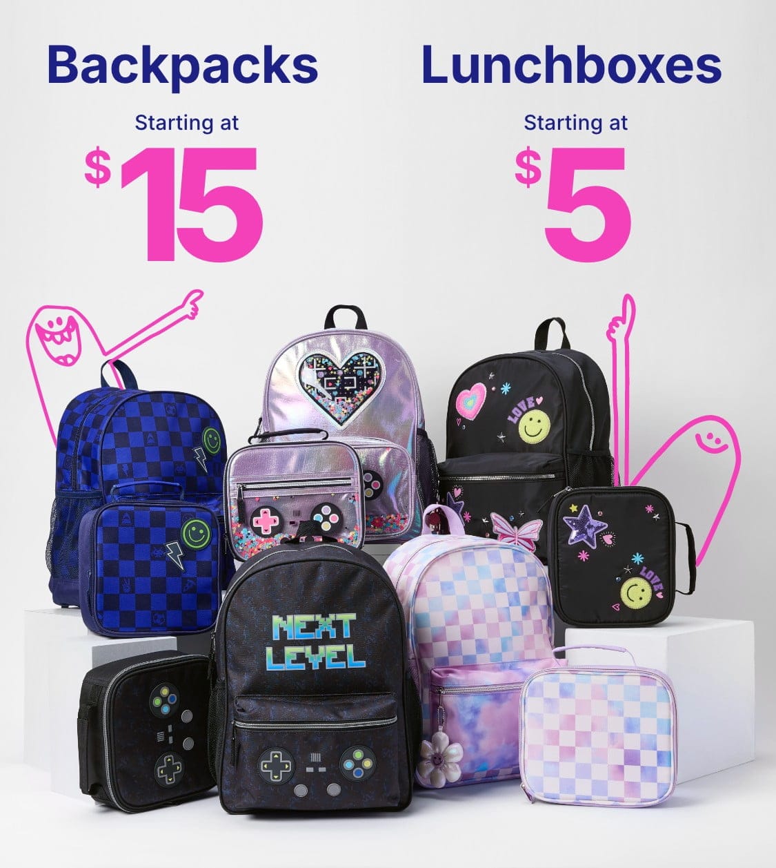 A collection of colorful and patterned backpacks and pencil cases, arranged against a plain white background.
