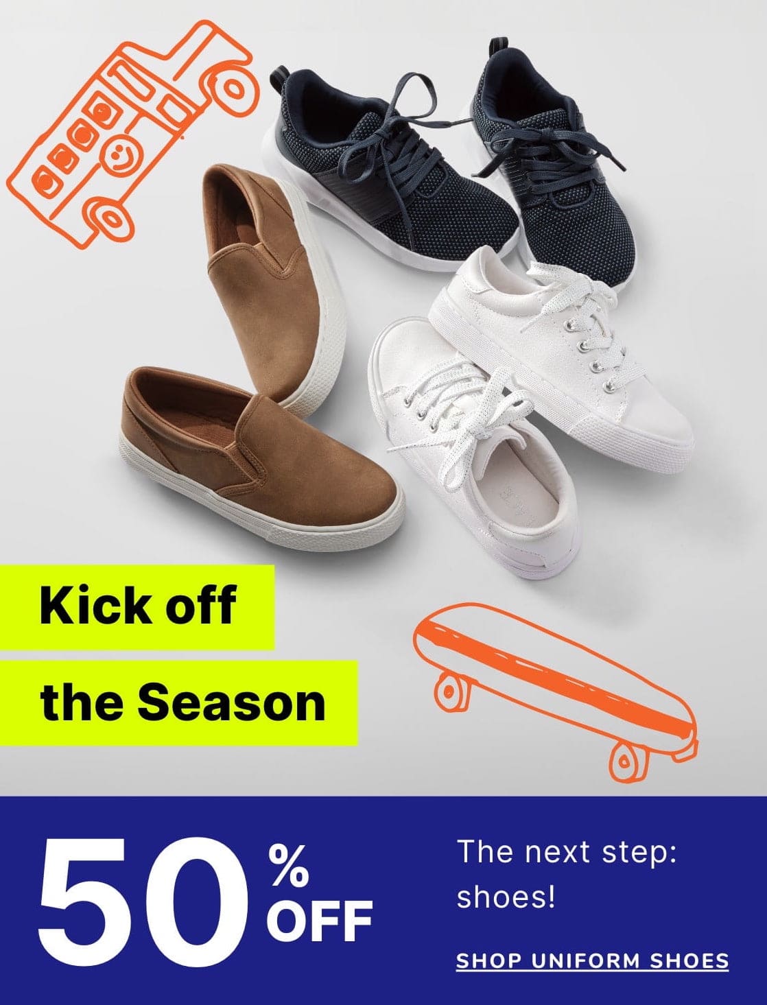 The image displays various types of casual shoes, including sneakers and slip-on shoes, along with a skateboard, all set against a colorful background with text promoting a 50% off sale on uniform shoes.