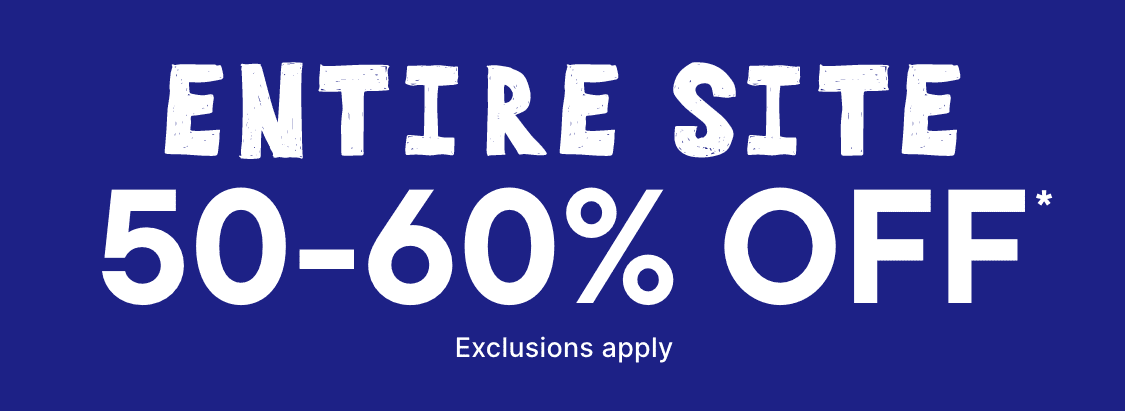 The image displays the text "ENTIRE SITE 50-60% off" in large, white letters against a deep blue background.