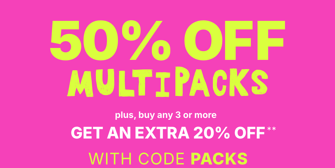 The image displays large yellow text on a bright pink background, advertising a sale promotion where customers can get an extra 20% off when they buy any 3 or more items, using code packs.