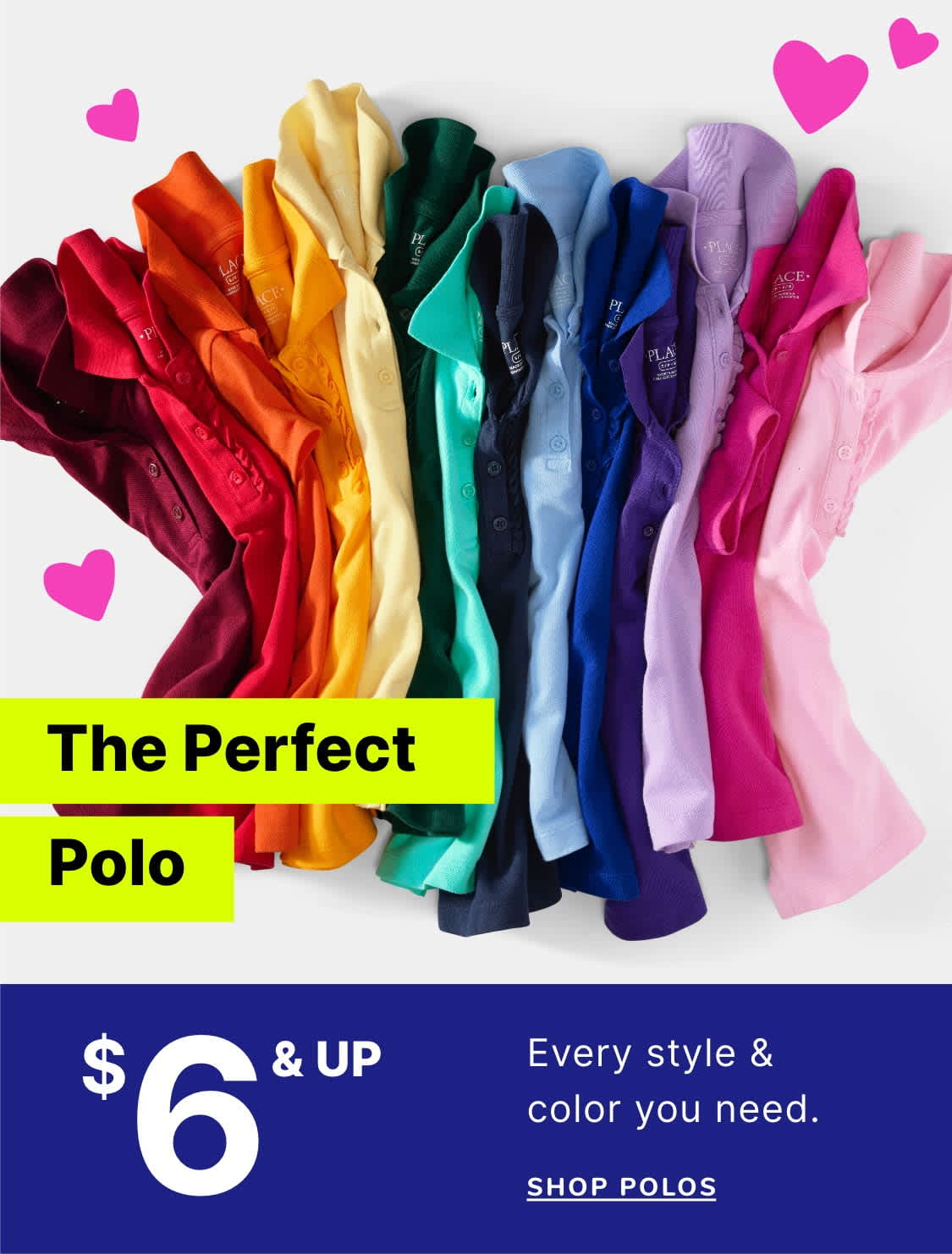 A vibrant display of colorful polo shirts in various shades, arranged against a plain white background with pink heart-shaped decorations.