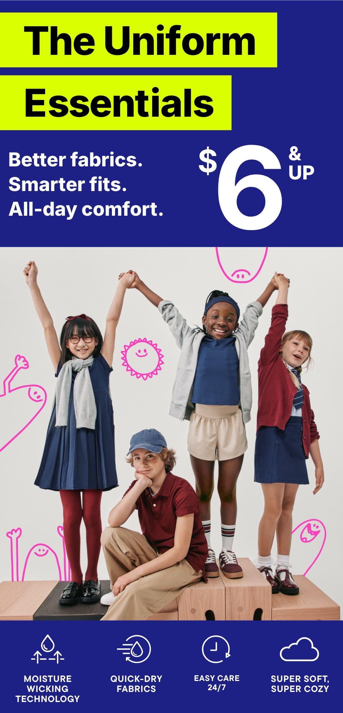 The image features a group of young female models posing in various uniform-style outfits, with a colorful background showcasing the "Uniform Essentials" product offering.