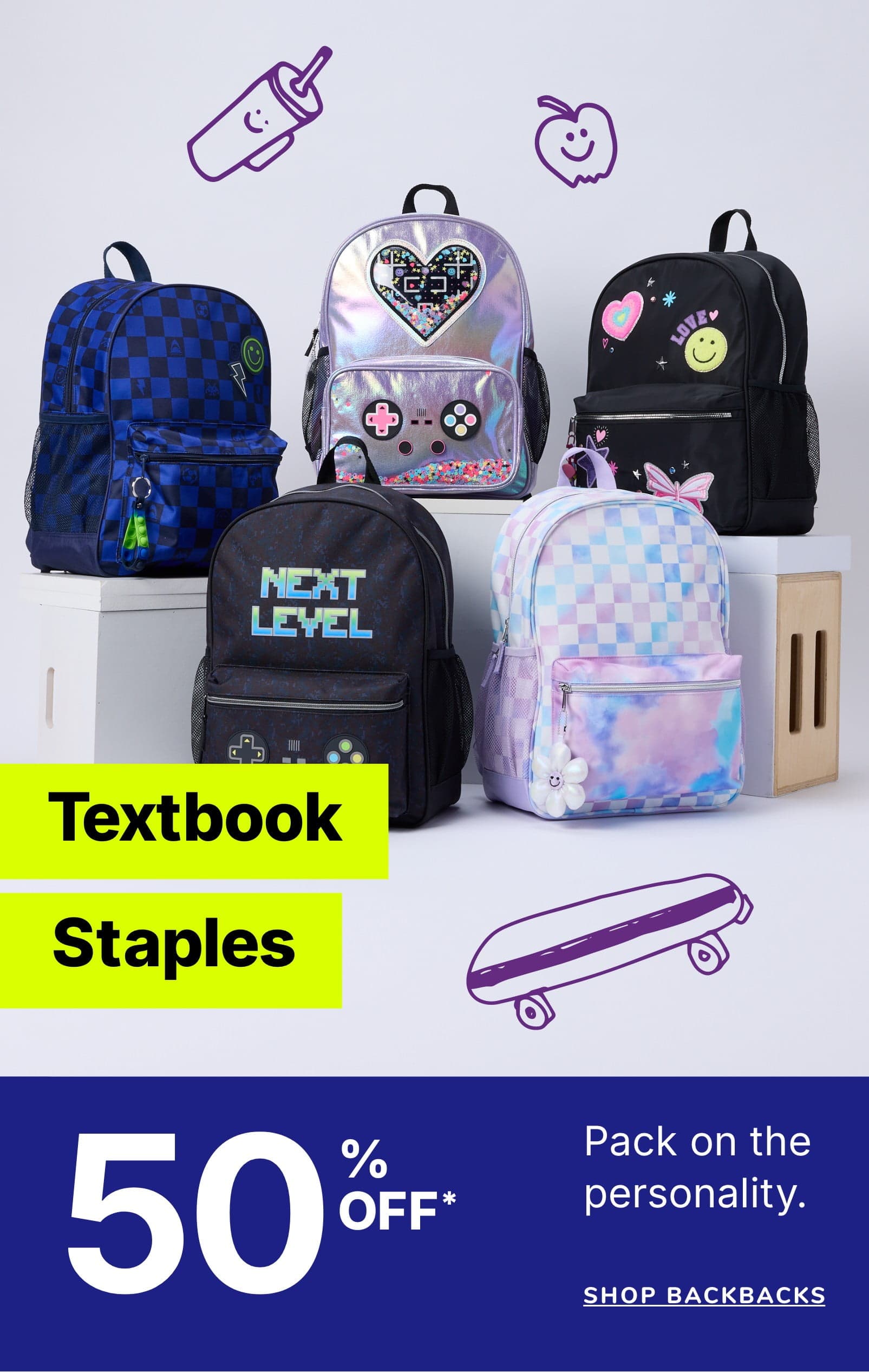 A collection of colorful and patterned backpacks, along with school supplies such as a textbook and staples, are displayed on a white background with various icons and a promotional message.