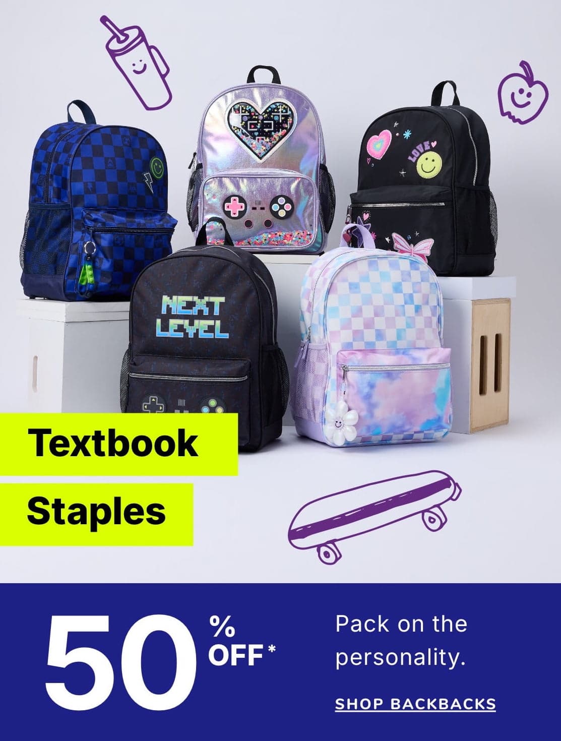 A collection of colorful and patterned backpacks, along with various school supplies such as a stapler and textbooks, are displayed against a plain background.