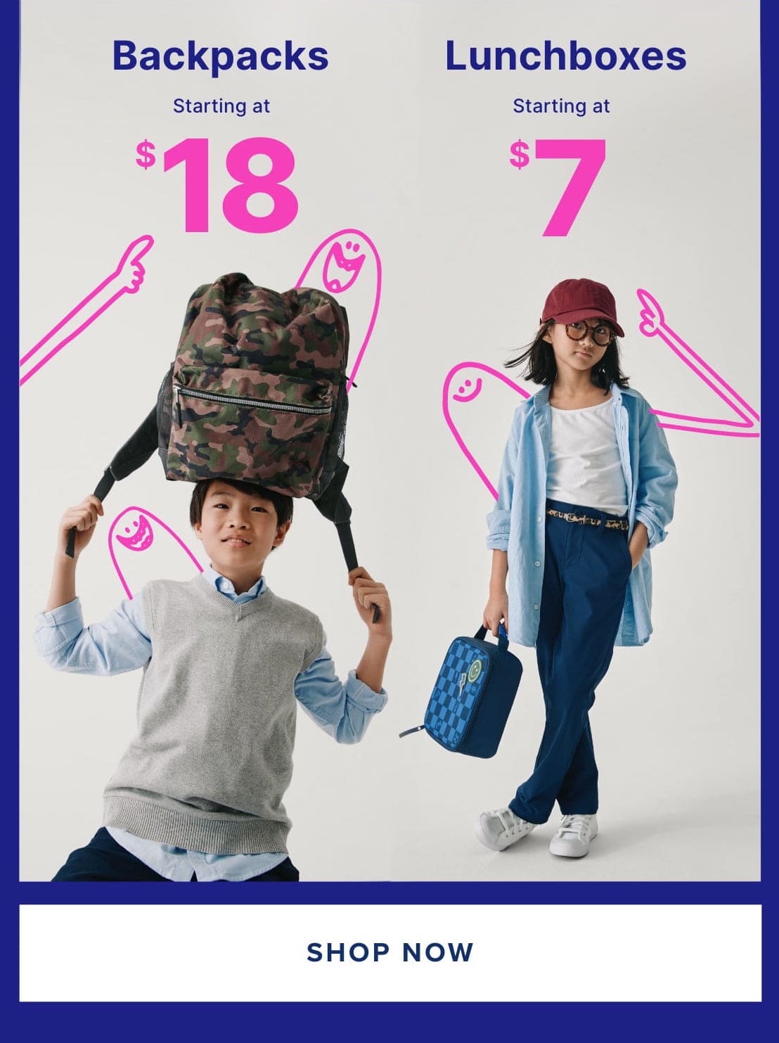 A collection of colorful and patterned backpacks and pencil cases, arranged against a plain white background.